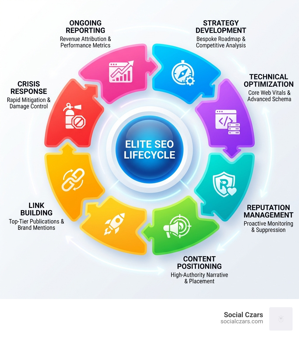 Elite SEO lifecycle showing strategy development, technical optimization, reputation management, content positioning, link building, crisis response, and ongoing reporting - elite seo services infographic 