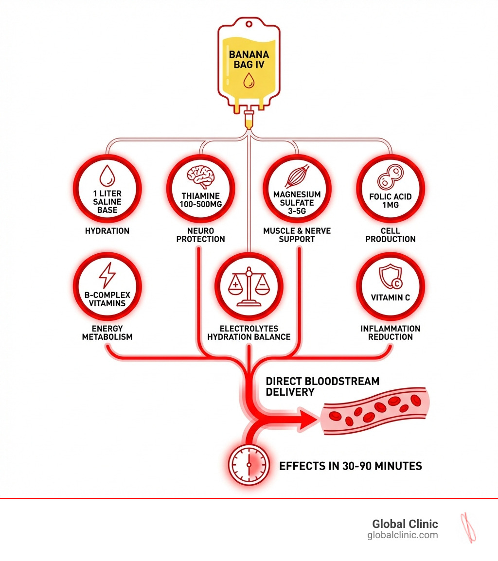 Infographic showing banana bag IV components: 1 liter saline base, thiamine 100-500mg for neurological protection, magnesium sulfate 3-5g for muscle and nerve support, folic acid 1mg for cell production, B-complex vitamins for energy metabolism, vitamin C for inflammation reduction, electrolytes for hydration balance, with effects felt in 30-90 minutes via direct bloodstream delivery - banana bags iv infographic Infographic showing banana bag IV components: 1 liter saline base, thiamine 100-500mg for neurological protection, magnesium sulfate 3-5g for muscle and nerve support, folic acid 1mg for cell production, B-complex vitamins for energy metabolism, vitamin C for inflammation reduction, electrolytes for hydration balance, with effects felt in 30-90 minutes via direct bloodstream delivery - banana bags iv infographic