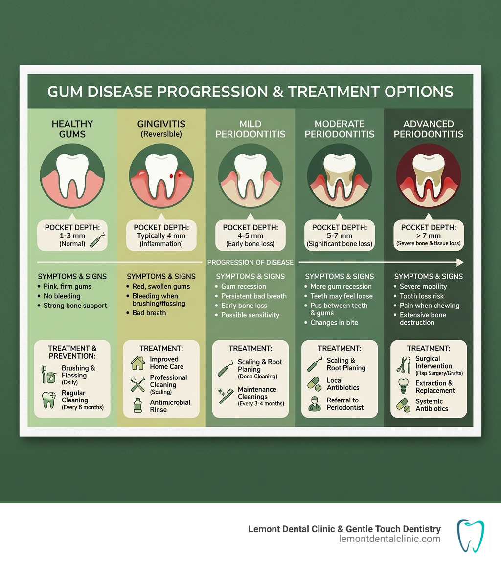 infographic showing gum disease progression from healthy gums through gingivitis to mild, moderate, and advanced periodontitis with pocket depth measurements and treatment options at each stage - gum disease cleaning infographic infographic showing gum disease progression from healthy gums through gingivitis to mild, moderate, and advanced periodontitis with pocket depth measurements and treatment options at each stage - gum disease cleaning infographic