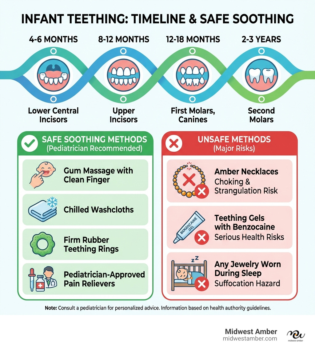 Infographic showing infant teething timeline from 4-6 months through 2-3 years, highlighting when teeth typically emerge and listing safe soothing methods including gum massage with clean finger, chilled washcloths, firm rubber teething rings, and pediatrician-approved pain relievers versus unsafe methods including amber necklaces, teething gels with benzocaine, and any jewelry worn during sleep - amber necklace newborn infographic Infographic showing infant teething timeline from 4-6 months through 2-3 years, highlighting when teeth typically emerge and listing safe soothing methods including gum massage with clean finger, chilled washcloths, firm rubber teething rings, and pediatrician-approved pain relievers versus unsafe methods including amber necklaces, teething gels with benzocaine, and any jewelry worn during sleep - amber necklace newborn infographic