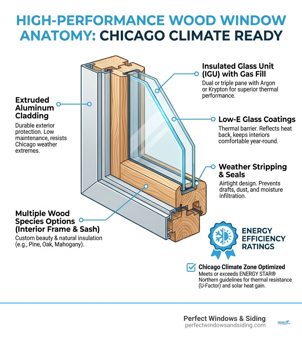 Infographic showing the anatomy of a high-performance wood window with labeled components including extruded aluminum cladding, multiple wood species options, Low-E glass coatings, insulated glass units, weather stripping, and energy efficiency ratings suitable for Chicago's climate zones - wood windows Chicago infographic 
