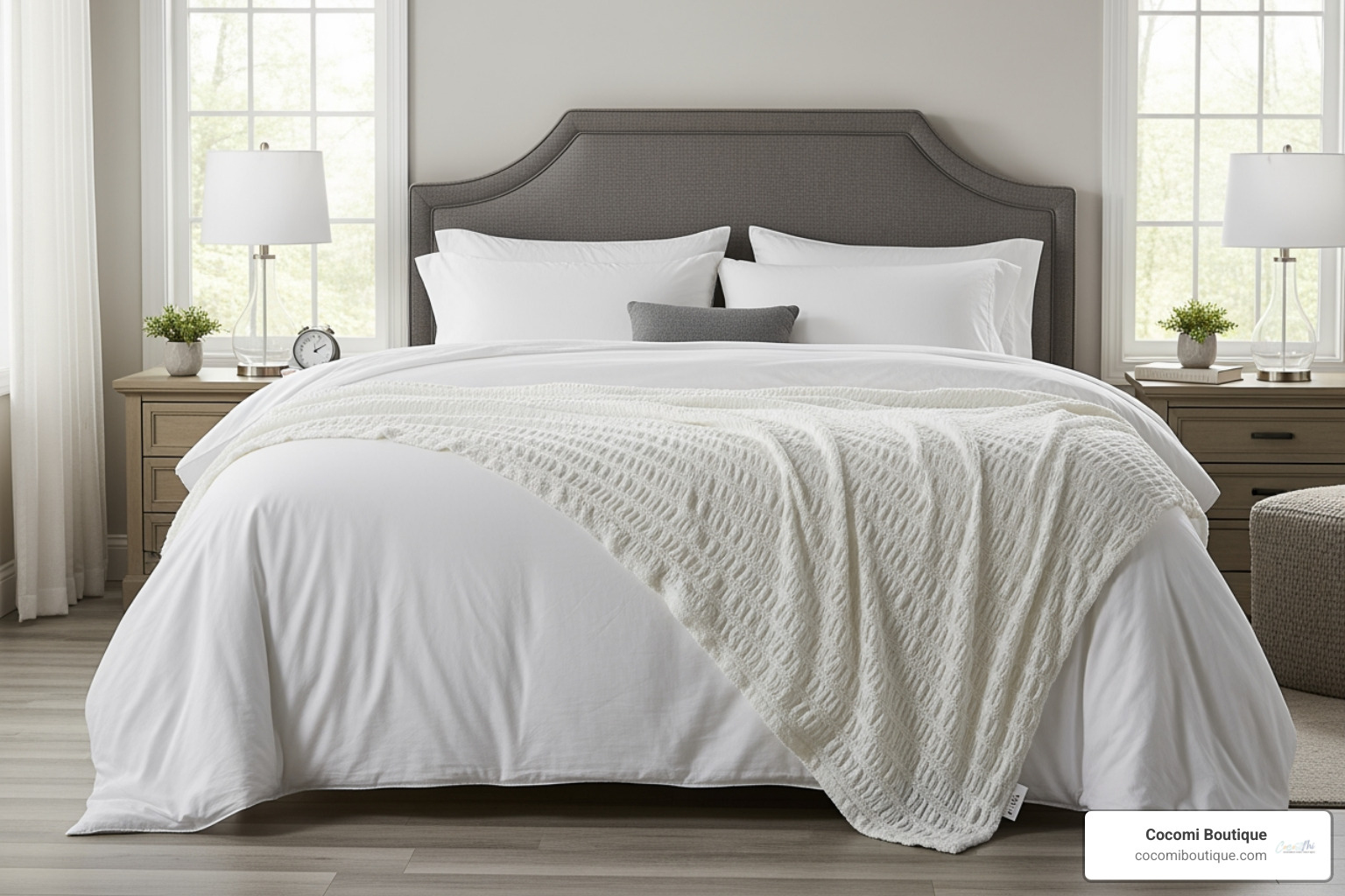The oversized 365 Blanket draped over a King-sized bed, showcasing its generous hang and soft, puckered texture - muslin comfort