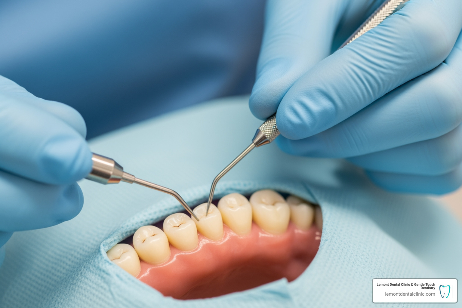 dentist using a periodontal probe to measure gum pocket depths - gum disease cleaning dentist using a periodontal probe to measure gum pocket depths - gum disease cleaning