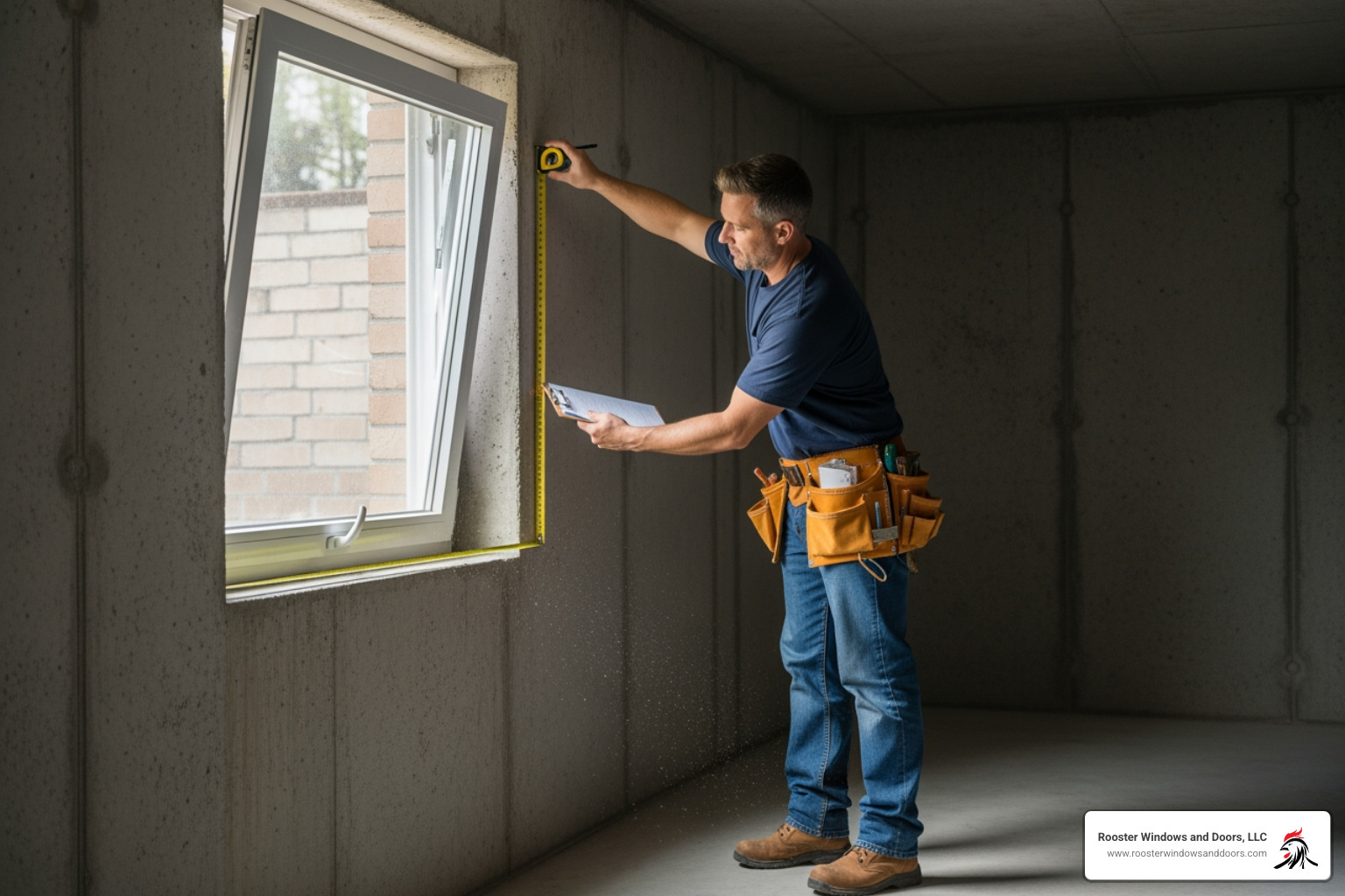 contractor measuring a basement window opening for egress compliance - egress window square footage contractor measuring a basement window opening for egress compliance - egress window square footage