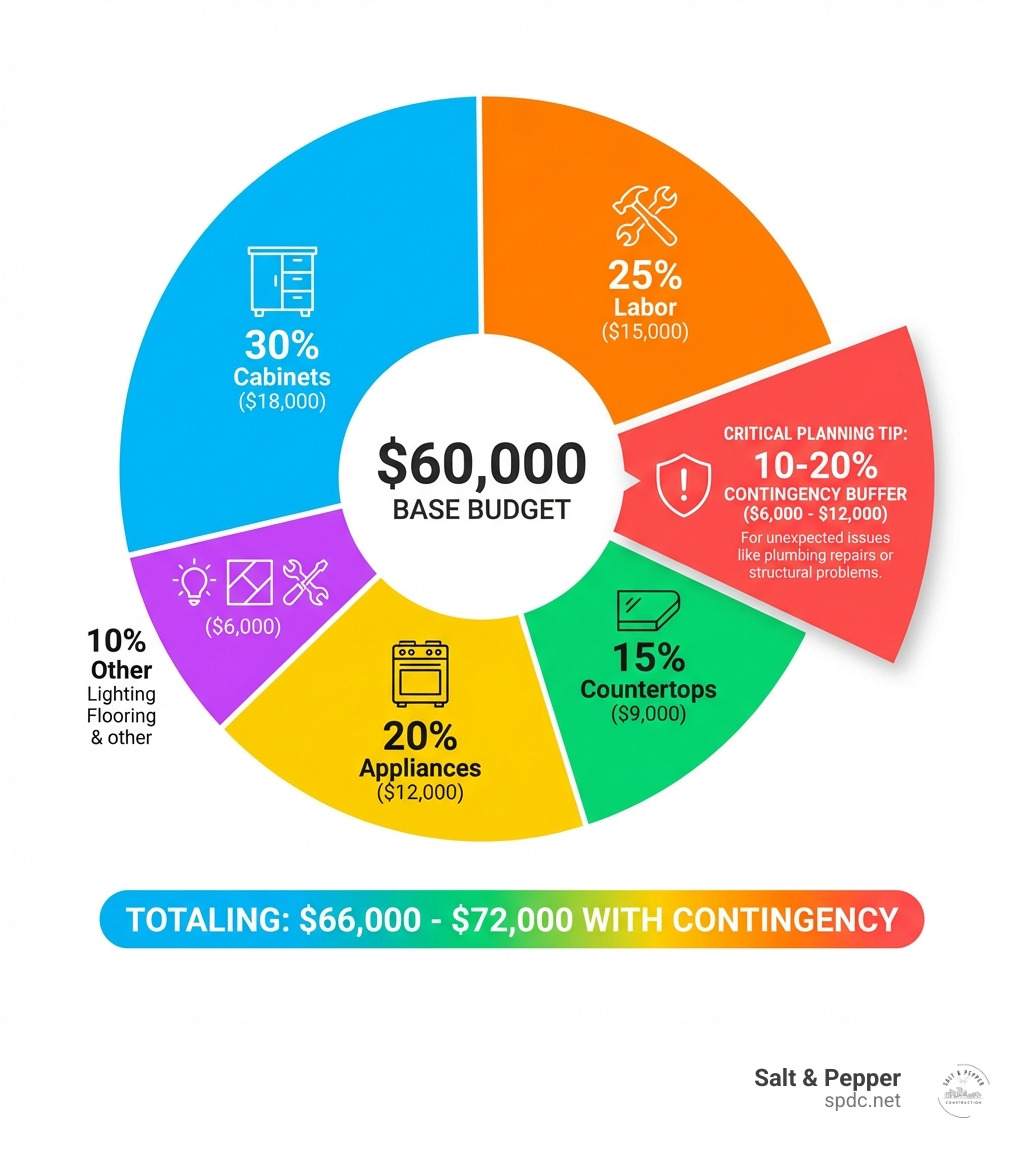 Infographic showing kitchen remodel budget breakdown: 30% cabinets ($18,000 example), 25% labor ($15,000), 20% appliances ($12,000), 15% countertops ($9,000), 10% other ($6,000), plus 10-20% contingency buffer for a $60,000 base budget totaling $66,000-$72,000 with contingency - remodel kitchen budget infographic 