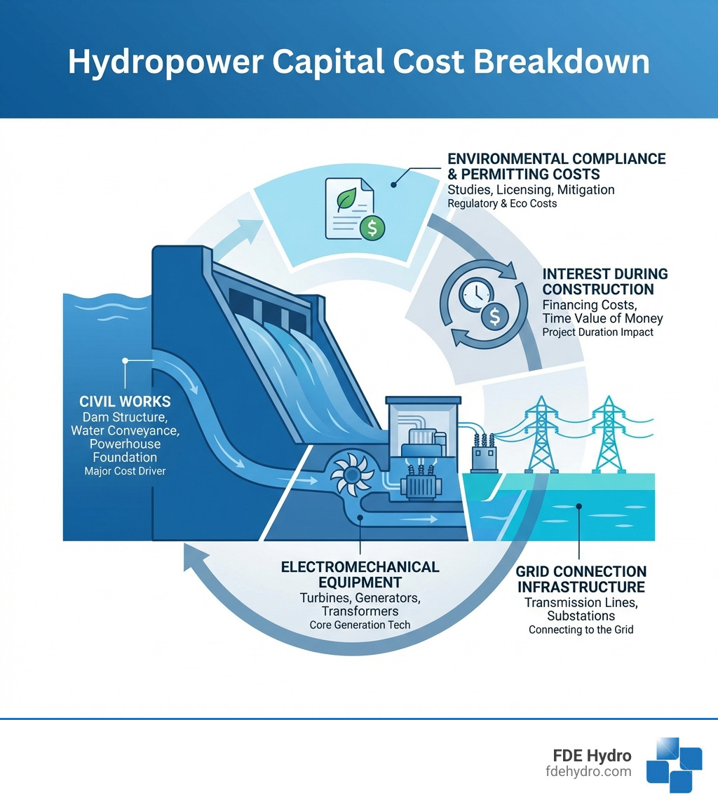 Infographic showing the breakdown of hydropower capital costs including civil works (dam structure, water conveyance, powerhouse foundation), electromechanical equipment (turbines, generators, transformers), grid connection infrastructure, environmental compliance and permitting costs, and interest during construction - cost of building hydroelectric dams infographic 