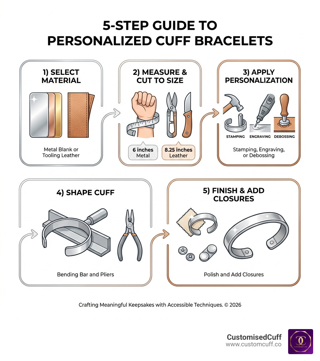 Infographic showing the 5-step process for making personalized cuff bracelets: 1) Select material (metal blank or tooling leather), 2) Measure wrist and cut to size (6 inches metal or 8.25 inches leather), 3) Apply personalization (stamping, engraving, or debossing), 4) Shape using bending bar and pliers, 5) Finish with polish and add closures - how to make personalized cuff bracelets infographic 