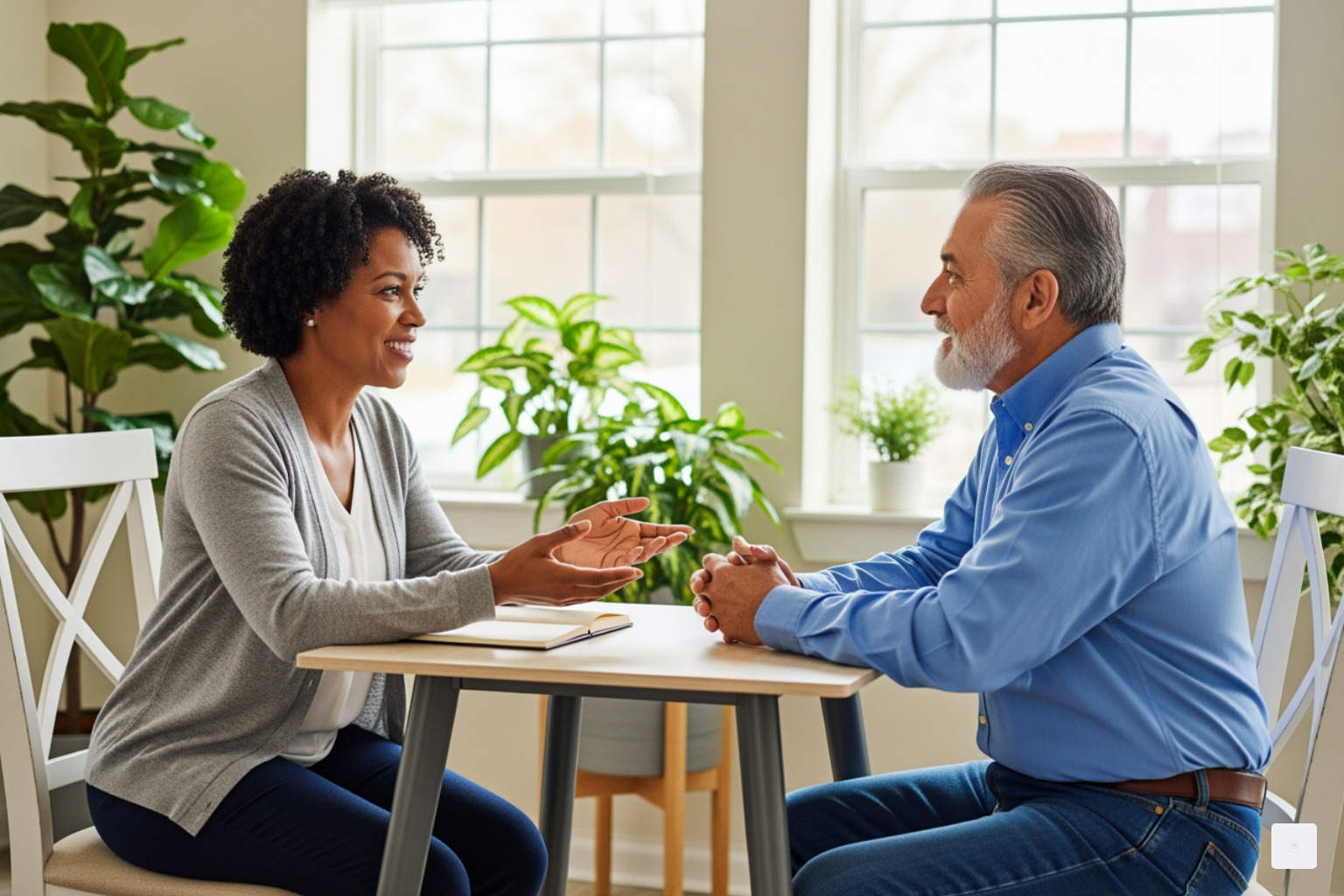 A coach and client discussing personal goals in a comfortable, bright community room - health and wellbeing coach