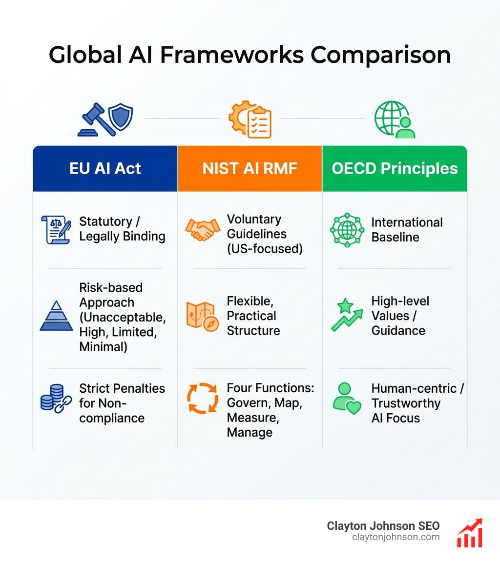 Table comparing AI frameworks: EU AI Act (Statutory, Risk-based, strict penalties), NIST AI RMF (Voluntary, US-focused, flexible), and OECD Principles (International, High-level, human-centric) - implementing ai governance frameworks infographic 