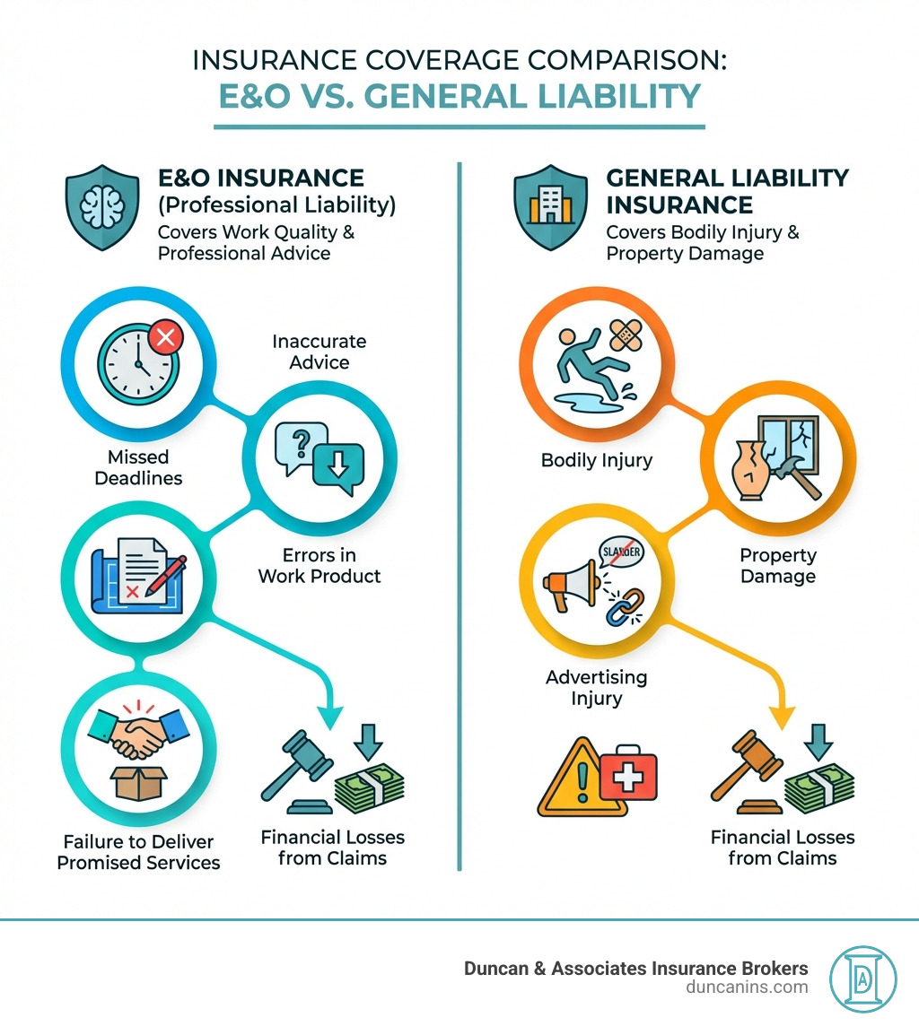 Infographic showing E&O insurance covers professional mistakes and negligence including missed deadlines, inaccurate advice, errors in work product, and failure to deliver promised services, while General Liability covers bodily injury, property damage, and advertising injury - E&O insurance Washington infographic 