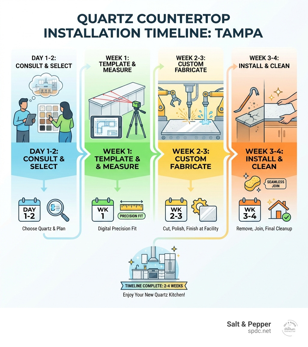 infographic showing quartz countertop installation timeline: Day 1-2 consultation and selection, Week 1 digital templating and measurements, Week 2-3 custom fabrication at facility, Week 3-4 removal of old counters and professional installation with final seam joining and cleanup - quartz countertop installation Tampa infographic 