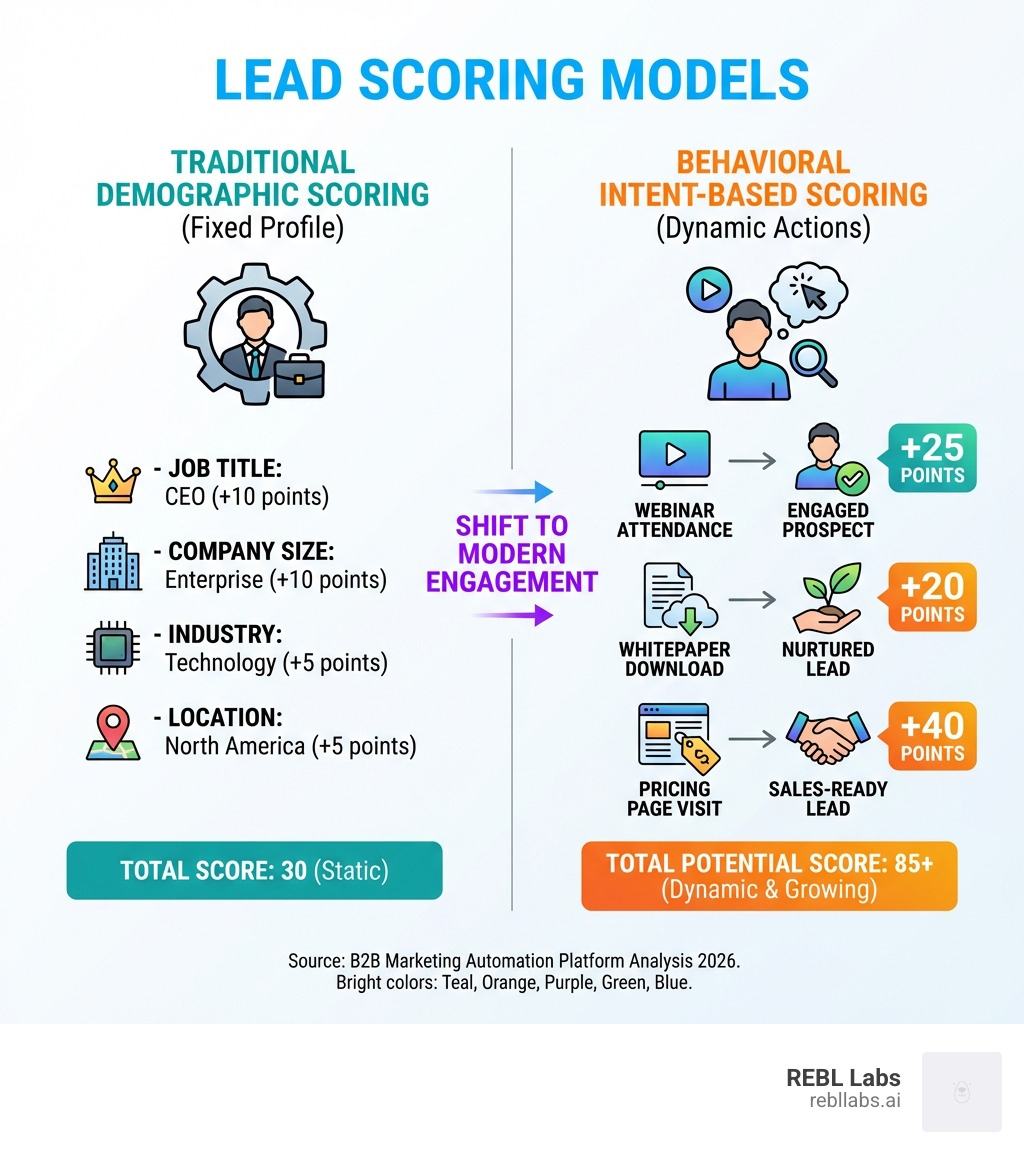 Infographic of lead scoring models comparing traditional demographic scoring vs. behavioral intent-based scoring, showing how points are assigned for actions like webinar attendance, pricing page visits, and whitepaper downloads - B2B marketing automation platform infographic Infographic of lead scoring models comparing traditional demographic scoring vs. behavioral intent-based scoring, showing how points are assigned for actions like webinar attendance, pricing page visits, and whitepaper downloads - B2B marketing automation platform infographic