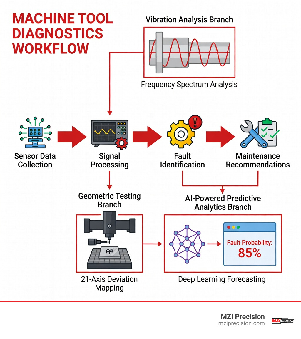 INFOGRAPHIC SHOWING THE DIAGNOSTIC WORKFLOW FROM SENSOR DATA COLLECTION THROUGH SIGNAL PROCESSING AND FAULT IDENTIFICATION TO MAINTENANCE RECOMMENDATIONS, WITH BRANCHES FOR VIBRATION ANALYSIS, GEOMETRIC TESTING, AND AI-POWERED PREDICTIVE ANALYTICS - MACHINE TOOL DIAGNOSTICS INFOGRAPHIC INFOGRAPHIC SHOWING THE DIAGNOSTIC WORKFLOW FROM SENSOR DATA COLLECTION THROUGH SIGNAL PROCESSING AND FAULT IDENTIFICATION TO MAINTENANCE RECOMMENDATIONS, WITH BRANCHES FOR VIBRATION ANALYSIS, GEOMETRIC TESTING, AND AI-POWERED PREDICTIVE ANALYTICS - MACHINE TOOL DIAGNOSTICS INFOGRAPHIC