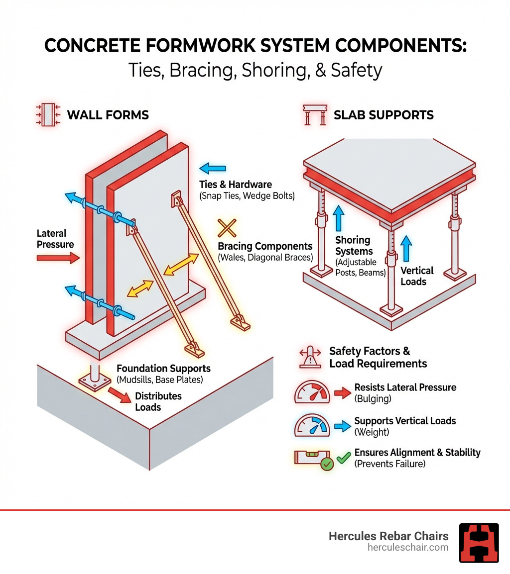 infographic showing concrete formwork system components including ties, bracing, shoring, and safety factors with labels for wall forms, slab supports, and load requirements - Concrete form supports infographic infographic showing concrete formwork system components including ties, bracing, shoring, and safety factors with labels for wall forms, slab supports, and load requirements - Concrete form supports infographic