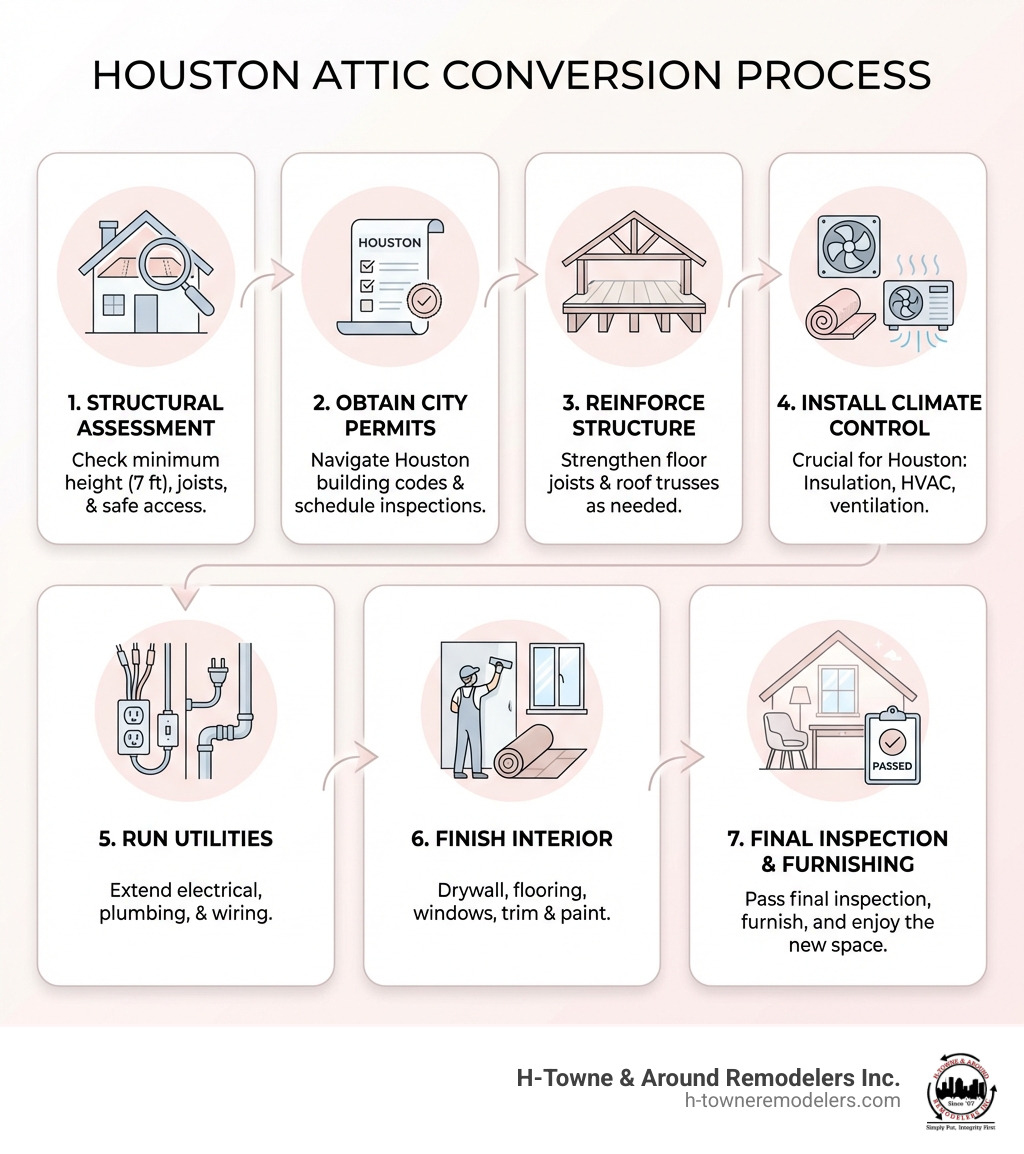 Infographic showing the attic conversion process: 1. Structural Assessment (check height, joists, access), 2. Obtain City Permits (Houston building codes, inspections), 3. Reinforce Structure (floor joists, roof trusses if needed), 4. Install Climate Control (insulation, HVAC, ventilation), 5. Run Utilities (electrical, plumbing if needed), 6. Finish Interior (drywall, flooring, windows), 7. Final Inspection and Furnishing - Attic conversion Houston TX infographic Infographic showing the attic conversion process: 1. Structural Assessment (check height, joists, access), 2. Obtain City Permits (Houston building codes, inspections), 3. Reinforce Structure (floor joists, roof trusses if needed), 4. Install Climate Control (insulation, HVAC, ventilation), 5. Run Utilities (electrical, plumbing if needed), 6. Finish Interior (drywall, flooring, windows), 7. Final Inspection and Furnishing - Attic conversion Houston TX infographic