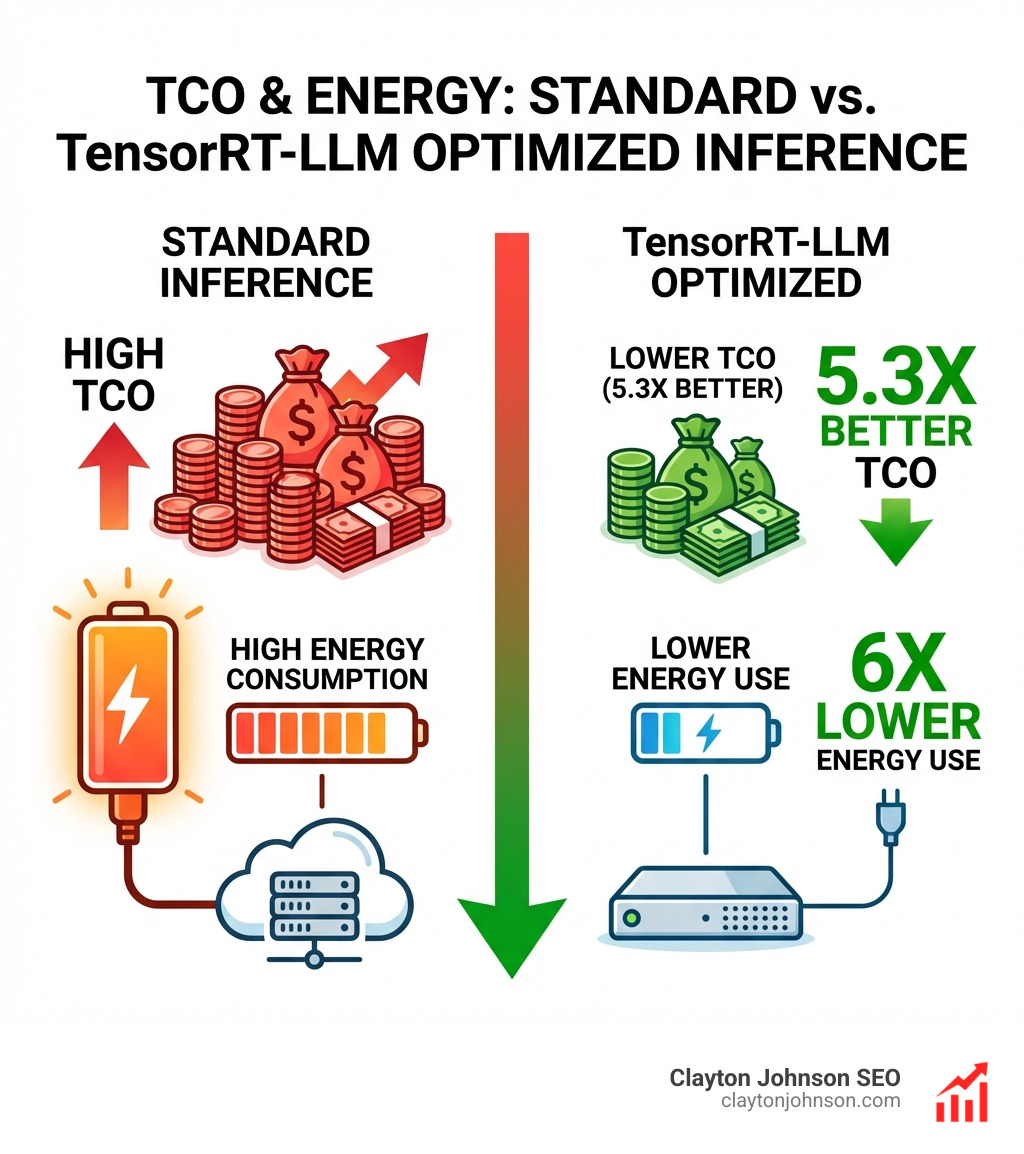 Infographic comparing TCO (Total Cost of Ownership) and energy consumption between standard inference and TensorRT-LLM optimized inference. Shows TensorRT-LLM delivering 5.3X better TCO and 6X lower energy use. - ai inference developer tools infographic 