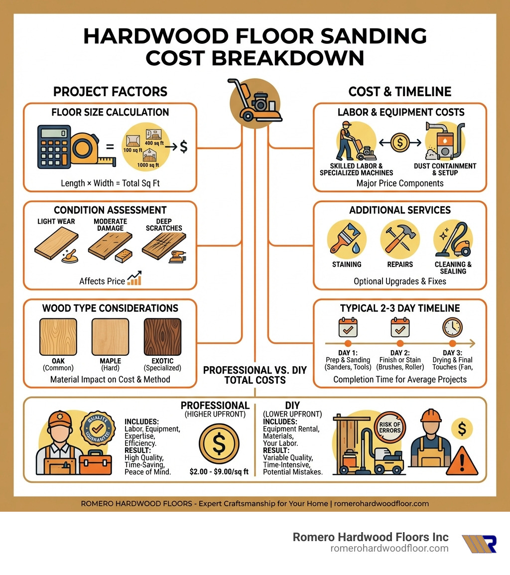 Infographic showing hardwood floor sanding cost breakdown: floor size calculation, condition assessment affecting price, wood type considerations, labor and equipment costs, additional services like staining and repairs, typical 2-3 day timeline for completion, and comparison of professional vs DIY total costs - Cost to sand hardwood infographic 