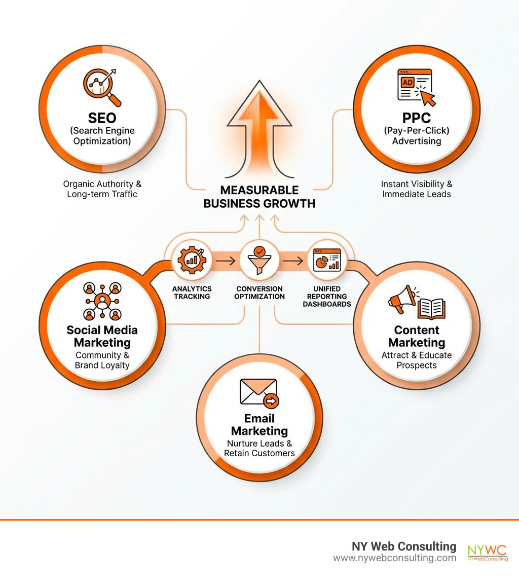 Infographic showing the digital marketing ecosystem: SEO drives organic authority and long-term traffic; PPC delivers instant visibility and immediate leads; Social Media builds community and brand loyalty; Content Marketing attracts and educates prospects; Email Marketing nurtures leads and retains customers; all channels integrate through analytics tracking, conversion optimization, and unified reporting dashboards to drive measurable business growth - internet marketing services infographic 