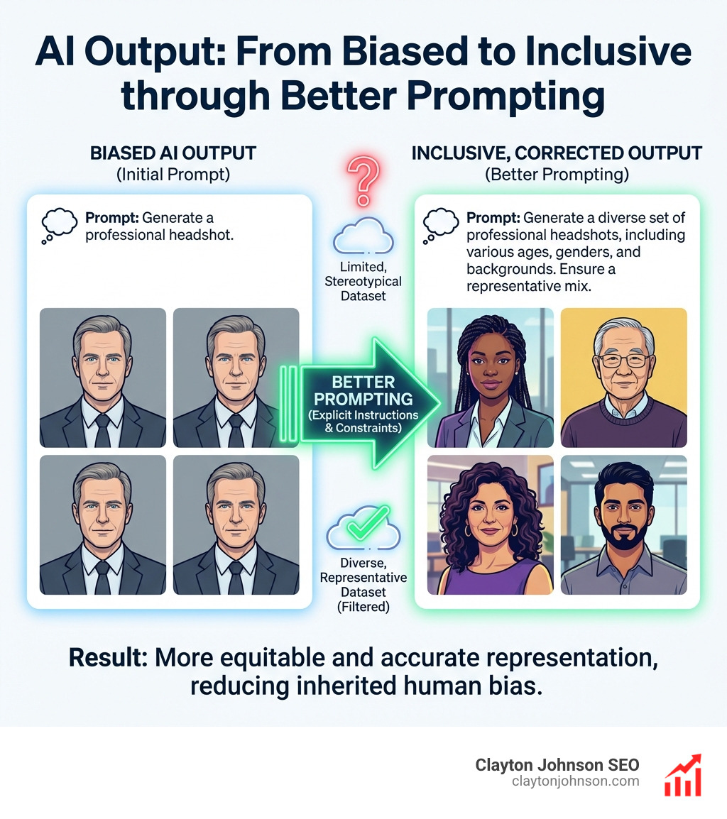 Infographic showing the difference between a biased AI output and an inclusive, corrected output through better prompting - AI Prompt Engineering infographic 