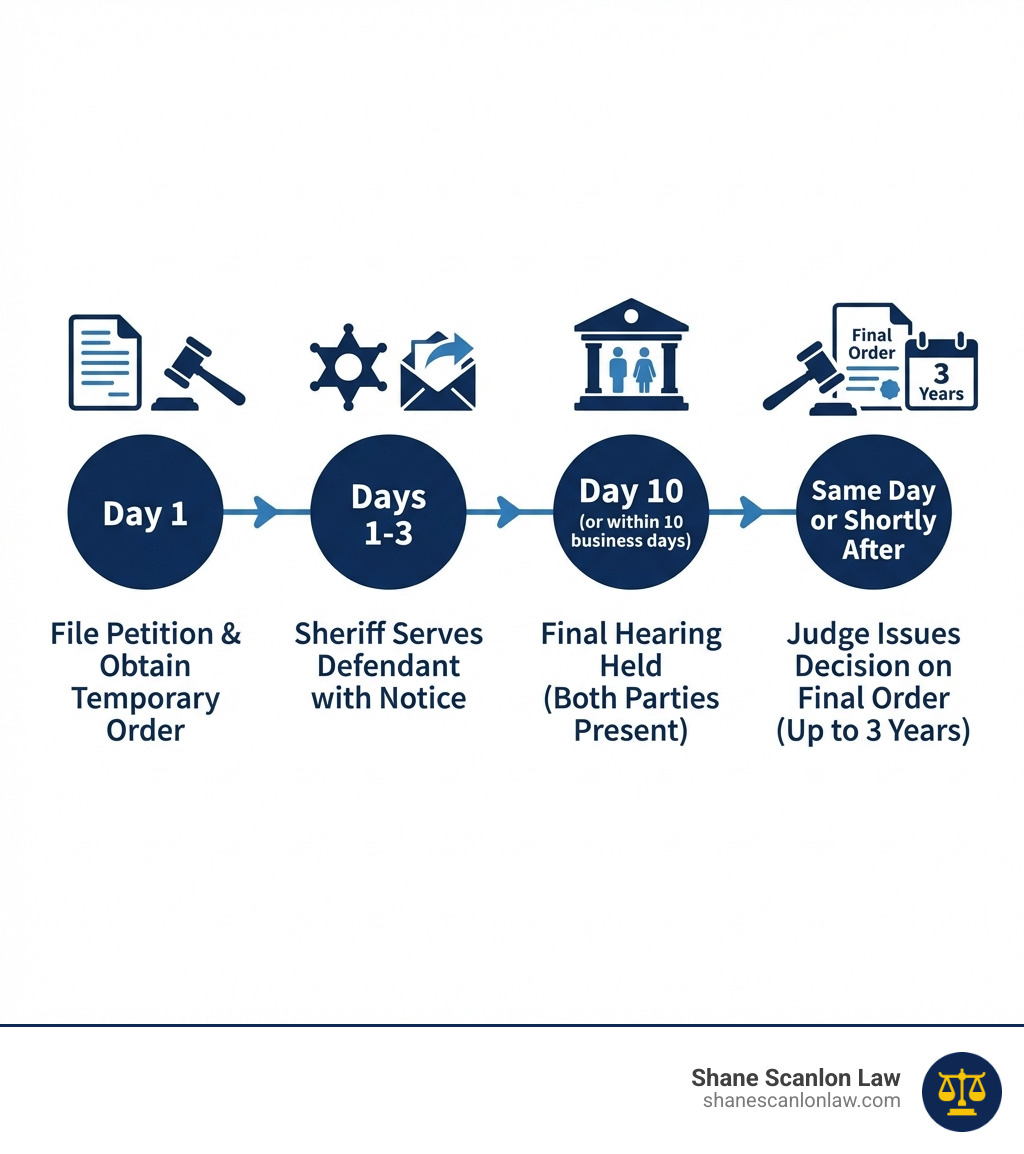 Infographic showing the PFA hearing process timeline: Day 1 - File petition and obtain temporary order; Days 1-3 - Sheriff serves defendant with notice; Day 10 (or within 10 business days) - Final hearing held with both parties present; Same day or shortly after - Judge issues decision on final order lasting up to 3 years - PFA hearing process infographic Infographic showing the PFA hearing process timeline: Day 1 - File petition and obtain temporary order; Days 1-3 - Sheriff serves defendant with notice; Day 10 (or within 10 business days) - Final hearing held with both parties present; Same day or shortly after - Judge issues decision on final order lasting up to 3 years - PFA hearing process infographic