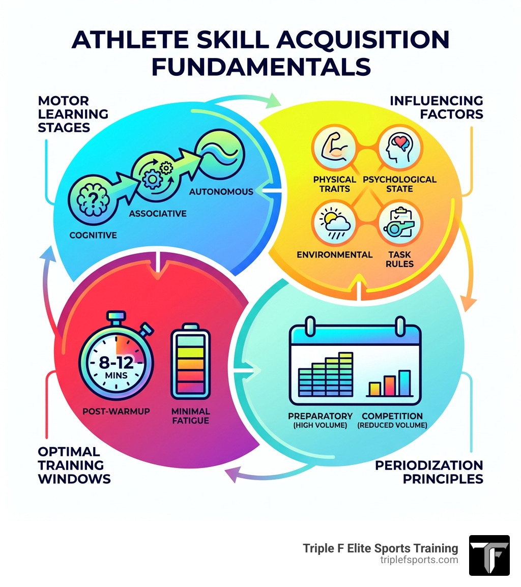 infographic showing the key elements of skill acquisition: motor learning stages (cognitive, associative, autonomous), influencing factors (individual physical traits, psychological state, environmental conditions, task-related rules), optimal training windows (post-warmup, 8-12 minutes, minimal fatigue), and periodization principles (high volume in preparatory periods, reduced volume during competition) - skill training for athletes infographic infographic showing the key elements of skill acquisition: motor learning stages (cognitive, associative, autonomous), influencing factors (individual physical traits, psychological state, environmental conditions, task-related rules), optimal training windows (post-warmup, 8-12 minutes, minimal fatigue), and periodization principles (high volume in preparatory periods, reduced volume during competition) - skill training for athletes infographic