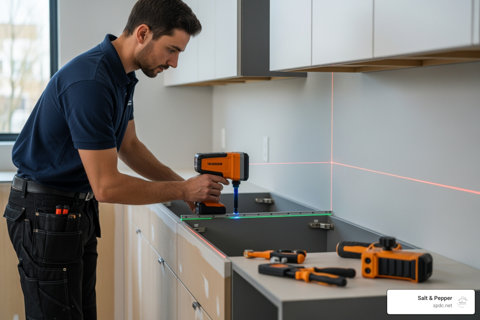 technician using laser templating tools on kitchen cabinets - quartz countertop installation Tampa