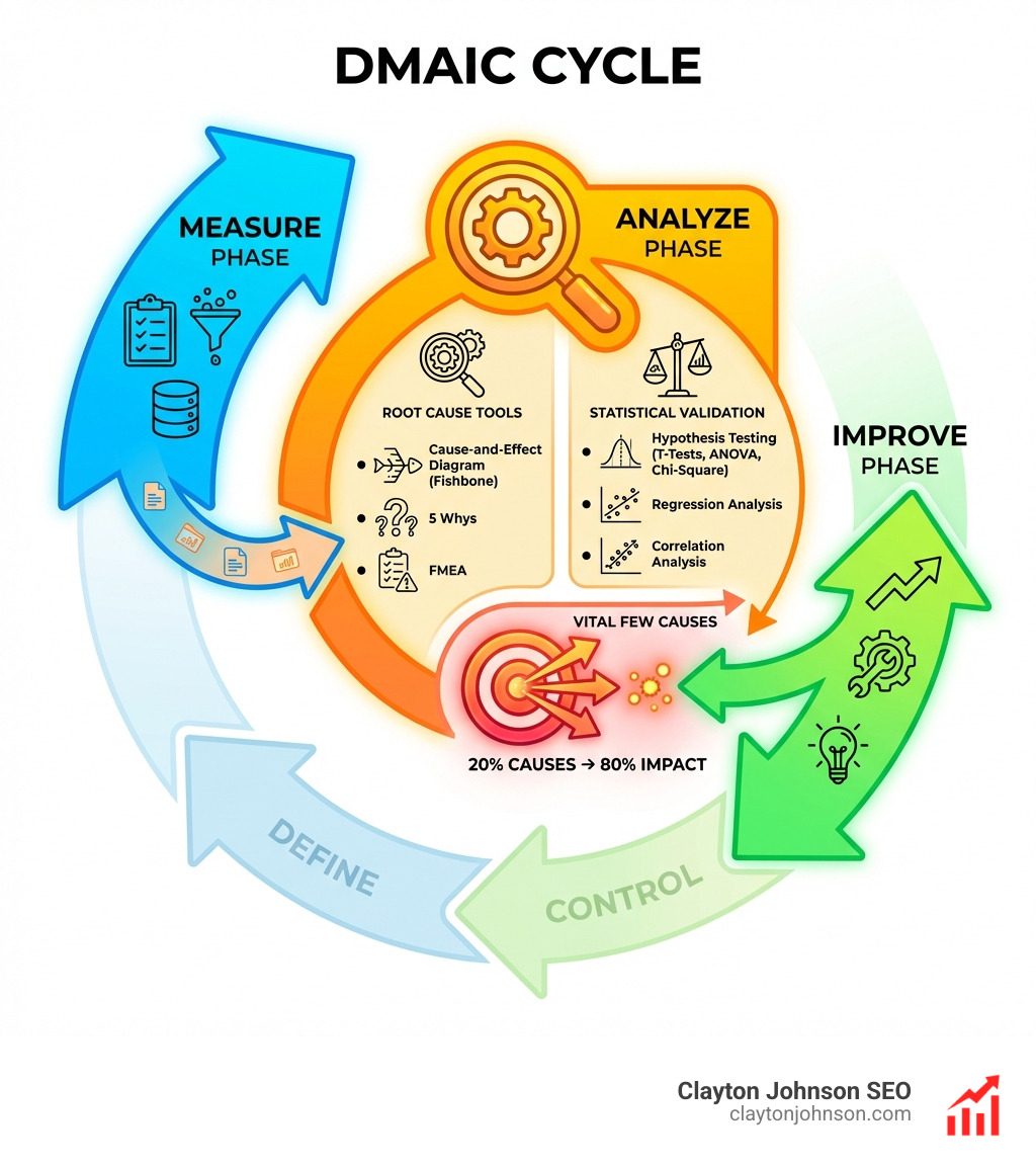 Infographic showing the DMAIC cycle with Measure phase feeding data into Analyze phase, which uses root cause tools and statistical validation to identify the vital few causes before moving to Improve phase - dmaic analyze phase tools infographic 