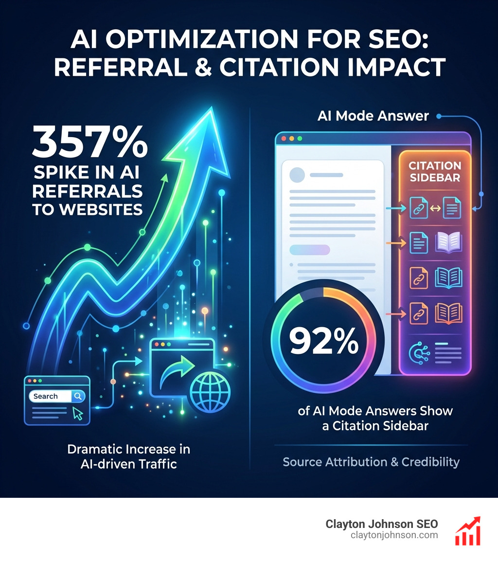 Infographic showing a 357% spike in AI referrals to websites, highlighting that 92% of AI Mode answers show a sidebar with citations - AI optimization for SEO infographic 