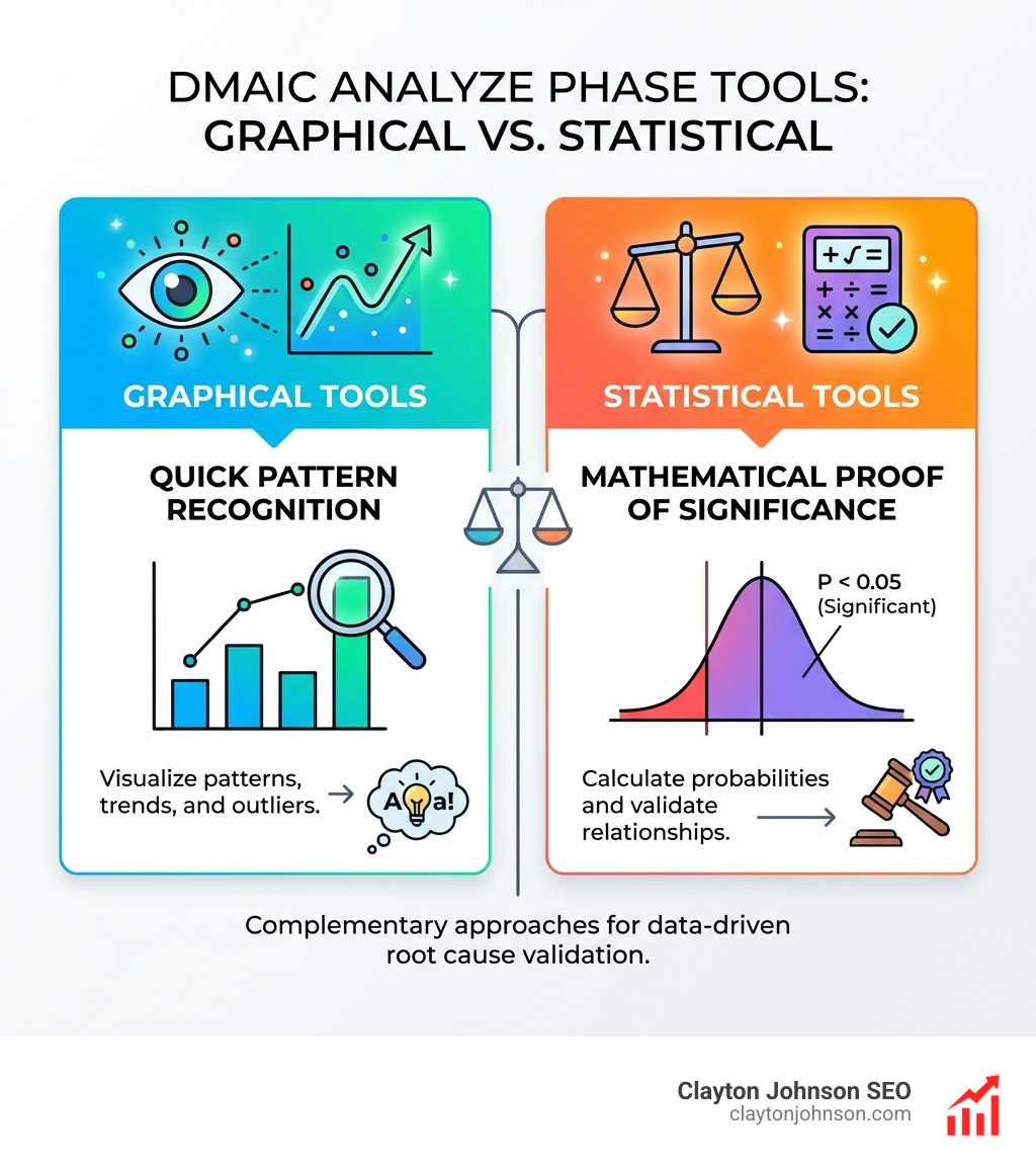Infographic comparing Graphical vs Statistical tools: Graphical tools offer quick pattern recognition while Statistical tools provide mathematical proof of significance - dmaic analyze phase tools infographic 