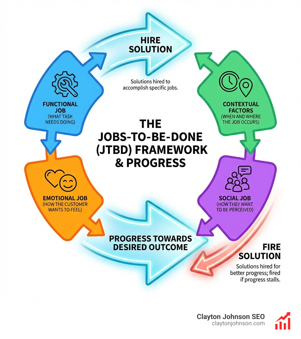 infographic showing the JTBD framework with four components: functional job (what task needs doing), emotional job (how the customer wants to feel), social job (how they want to be perceived), and contextual factors (when and where the job occurs), with arrows showing how customers hire and fire solutions based on progress toward desired outcomes - Customer Strategy & JTBD infographic 