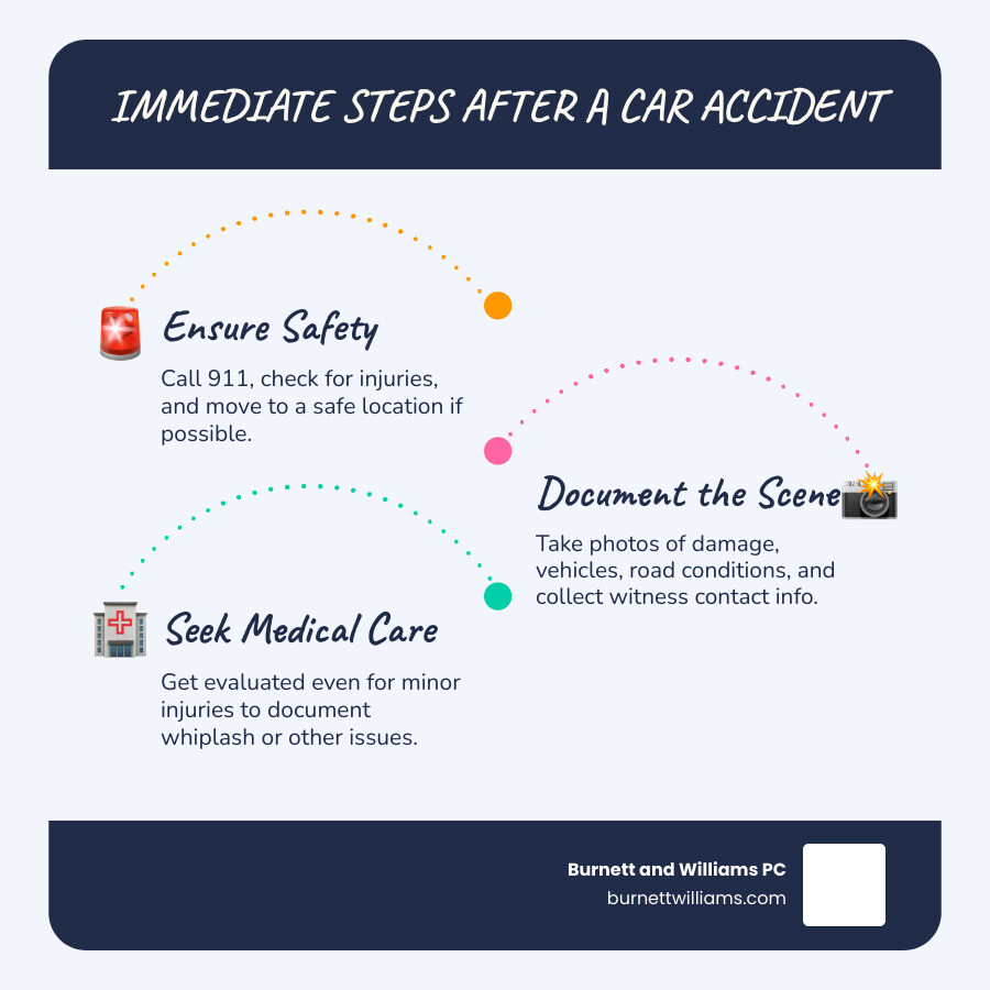 Infographic showing immediate steps after a Petersburg auto accident: (1) Call 911 and ensure safety; (2) Document the scene with photos and witness info; (3) Seek medical attention immediately; (4) Contact a Petersburg auto accident attorney within days; (5) Avoid signing insurance documents without legal review; (6) Understand Virginia's two-year statute of limitations: auto accident attorney Petersburg infographic infographic-line-3-steps-blues-accent_colors Infographic showing immediate steps after a Petersburg auto accident: (1) Call 911 and ensure safety; (2) Document the scene with photos and witness info; (3) Seek medical attention immediately; (4) Contact a Petersburg auto accident attorney within days; (5) Avoid signing insurance documents without legal review; (6) Understand Virginia's two-year statute of limitations: auto accident attorney Petersburg infographic infographic-line-3-steps-blues-accent_colors