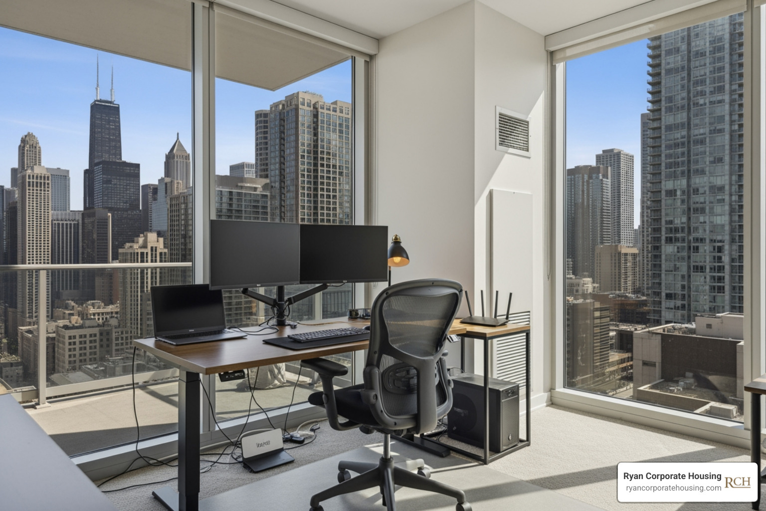Dedicated home office setup in a luxury Chicago corporate apartment with floor-to-ceiling windows - Chicago corporate apartment rentals Dedicated home office setup in a luxury Chicago corporate apartment with floor-to-ceiling windows - Chicago corporate apartment rentals