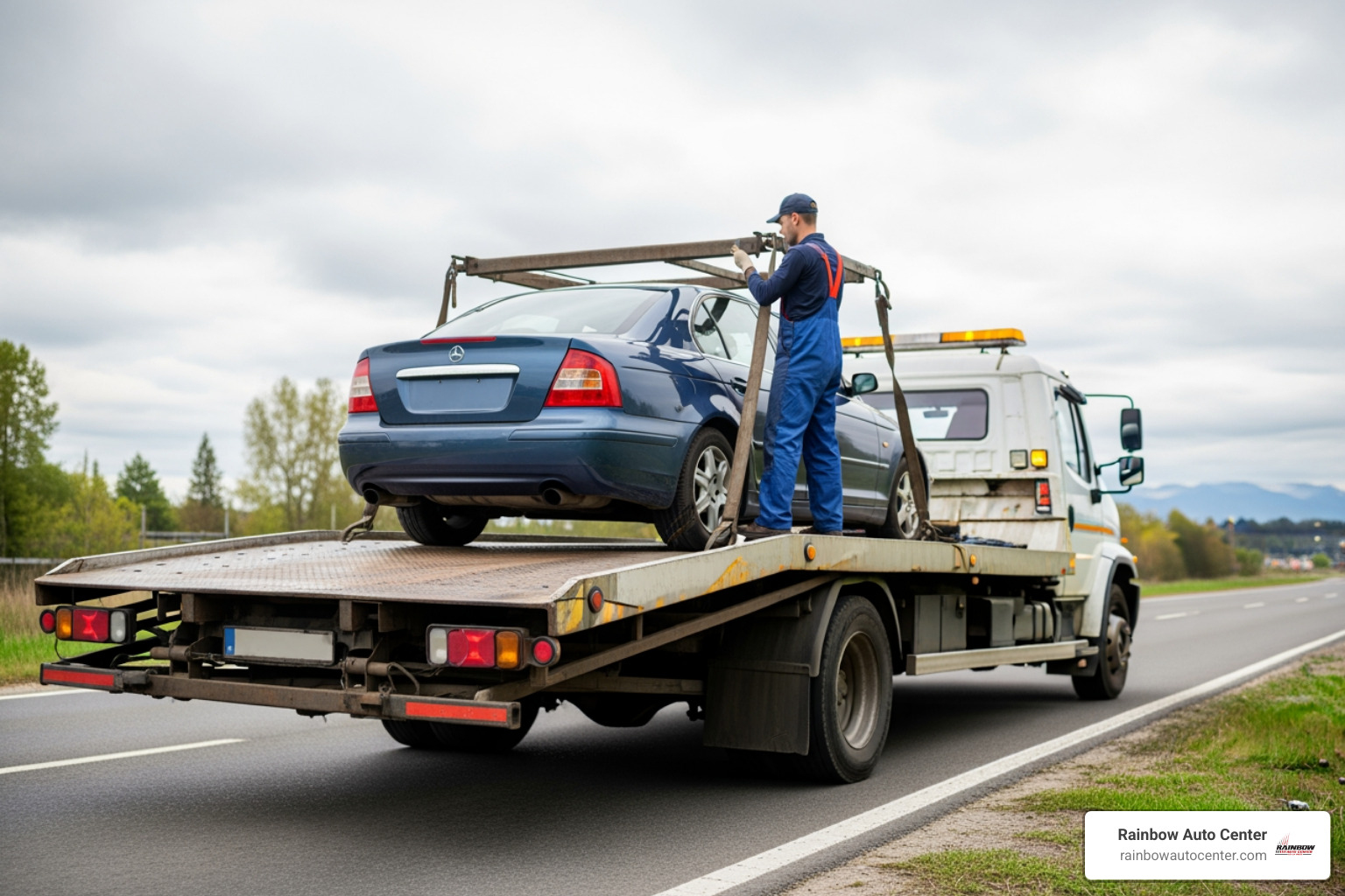 Flatbed tow truck loading a vehicle safely - 24 hrs towing