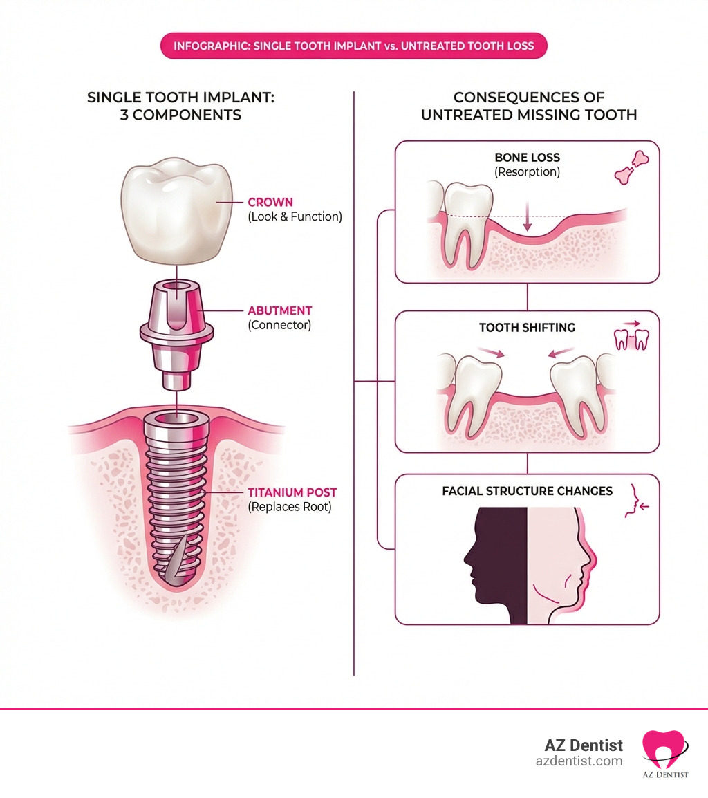 Infographic showing the three components of a single tooth dental implant (titanium post, abutment, and crown) and the consequences of leaving a missing tooth untreated including bone loss, tooth shifting, and facial structure changes - single tooth implant infographic Infographic showing the three components of a single tooth dental implant (titanium post, abutment, and crown) and the consequences of leaving a missing tooth untreated including bone loss, tooth shifting, and facial structure changes - single tooth implant infographic