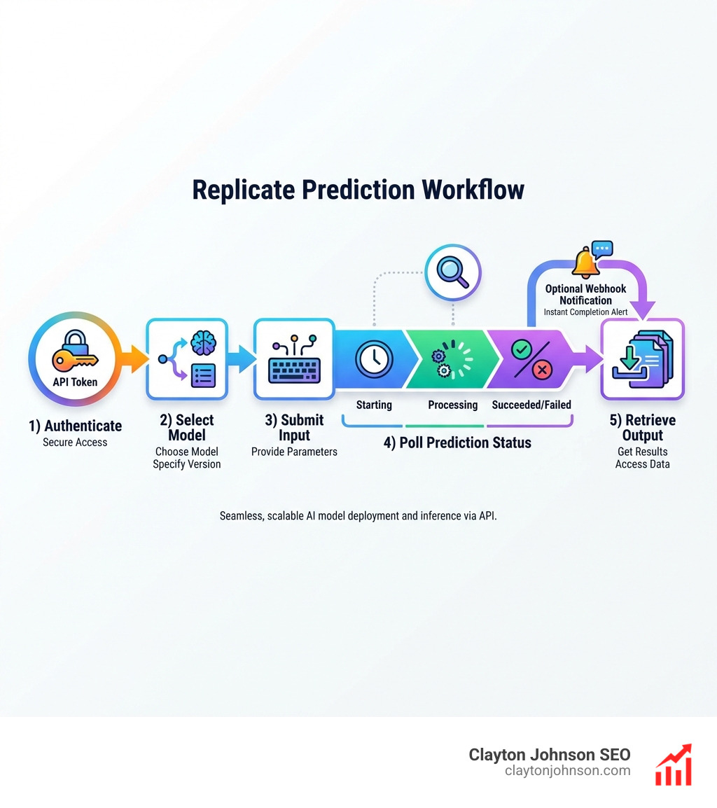 Infographic showing the Replicate prediction workflow: 1) Authenticate with API token, 2) Select model and version, 3) Submit input parameters, 4) Poll prediction status (starting → processing → succeeded/failed), 5) Retrieve output data, with optional webhook notifications at completion - replicate api infographic 