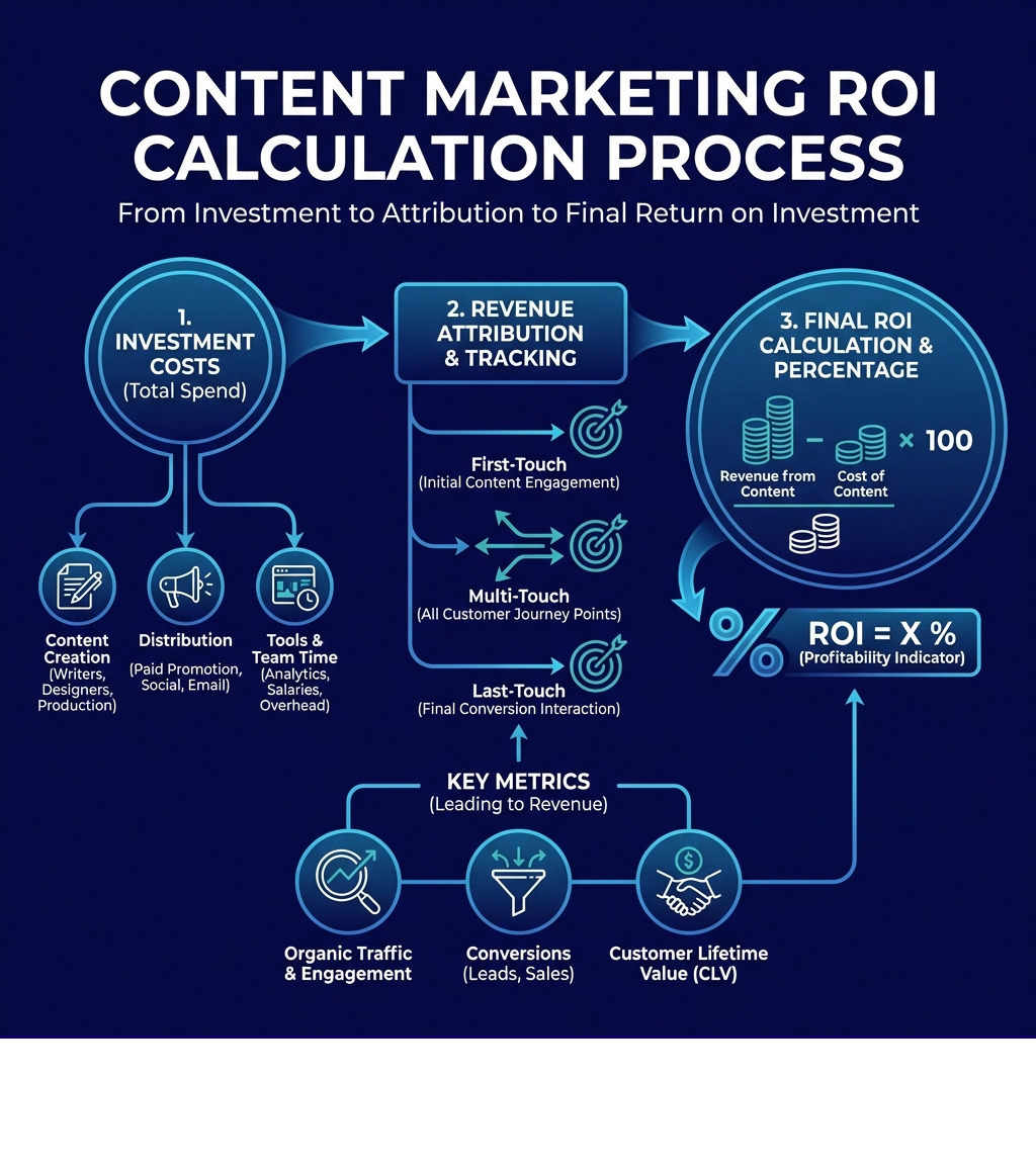 infographic showing the content marketing ROI calculation process from investment costs through attribution to final ROI percentage, with branches showing direct costs like content creation and distribution, revenue tracking through multiple attribution models, and key metrics including organic traffic, conversions, and customer lifetime value - how to calculate roi on content marketing investment infographic 