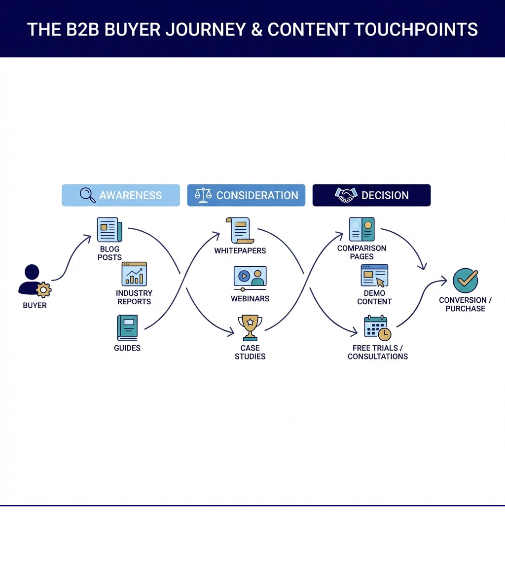 Infographic showing the B2B buyer journey with 7-12 content touchpoints including blog posts, case studies, whitepapers, webinars, comparison pages, and demo content, mapped to awareness, consideration, and decision stages - how to choose a content marketing agency for b2b infographic 