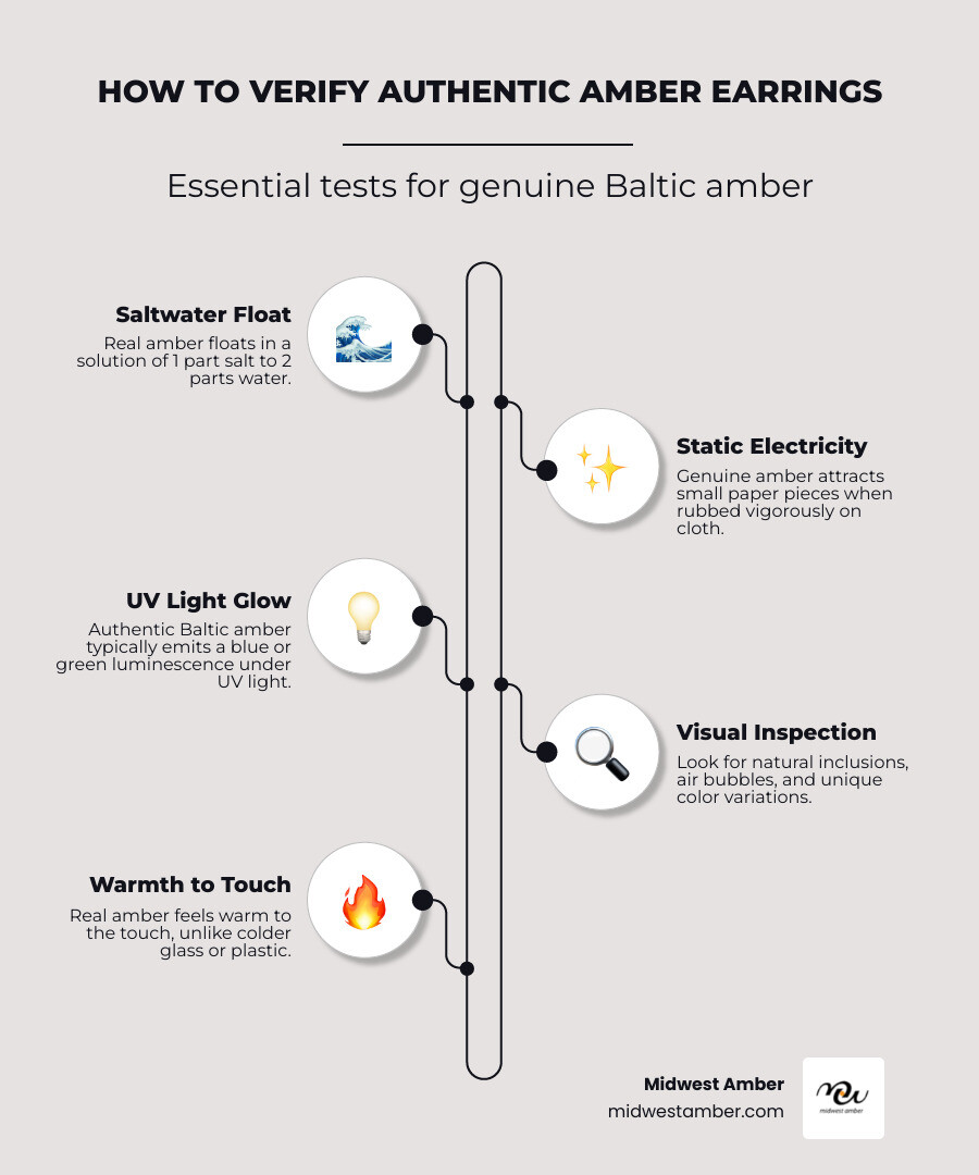 Infographic showing how to verify authentic Baltic amber earrings: saltwater float test, static electricity test with tissue paper, UV light fluorescence test, visual inspection for natural inclusions and air bubbles, warmth to touch compared to glass, and pine scent when gently heated - Amber earrings silver infographic infographic-line-5-steps-elegant_beige