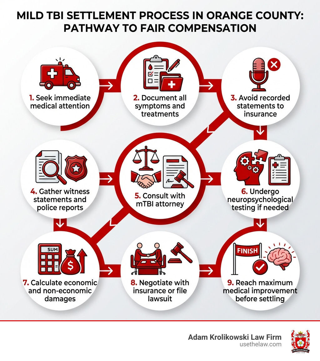 infographic showing mild TBI settlement process in Orange County: 1. Seek immediate medical attention 2. Document all symptoms and treatments 3. Avoid recorded statements to insurance 4. Gather witness statements and police reports 5. Consult with mTBI attorney 6. Undergo neuropsychological testing if needed 7. Calculate economic and non-economic damages 8. Negotiate with insurance or file lawsuit 9. Reach maximum medical improvement before settling - mild traumatic brain injury settlements infographic infographic showing mild TBI settlement process in Orange County: 1. Seek immediate medical attention 2. Document all symptoms and treatments 3. Avoid recorded statements to insurance 4. Gather witness statements and police reports 5. Consult with mTBI attorney 6. Undergo neuropsychological testing if needed 7. Calculate economic and non-economic damages 8. Negotiate with insurance or file lawsuit 9. Reach maximum medical improvement before settling - mild traumatic brain injury settlements infographic