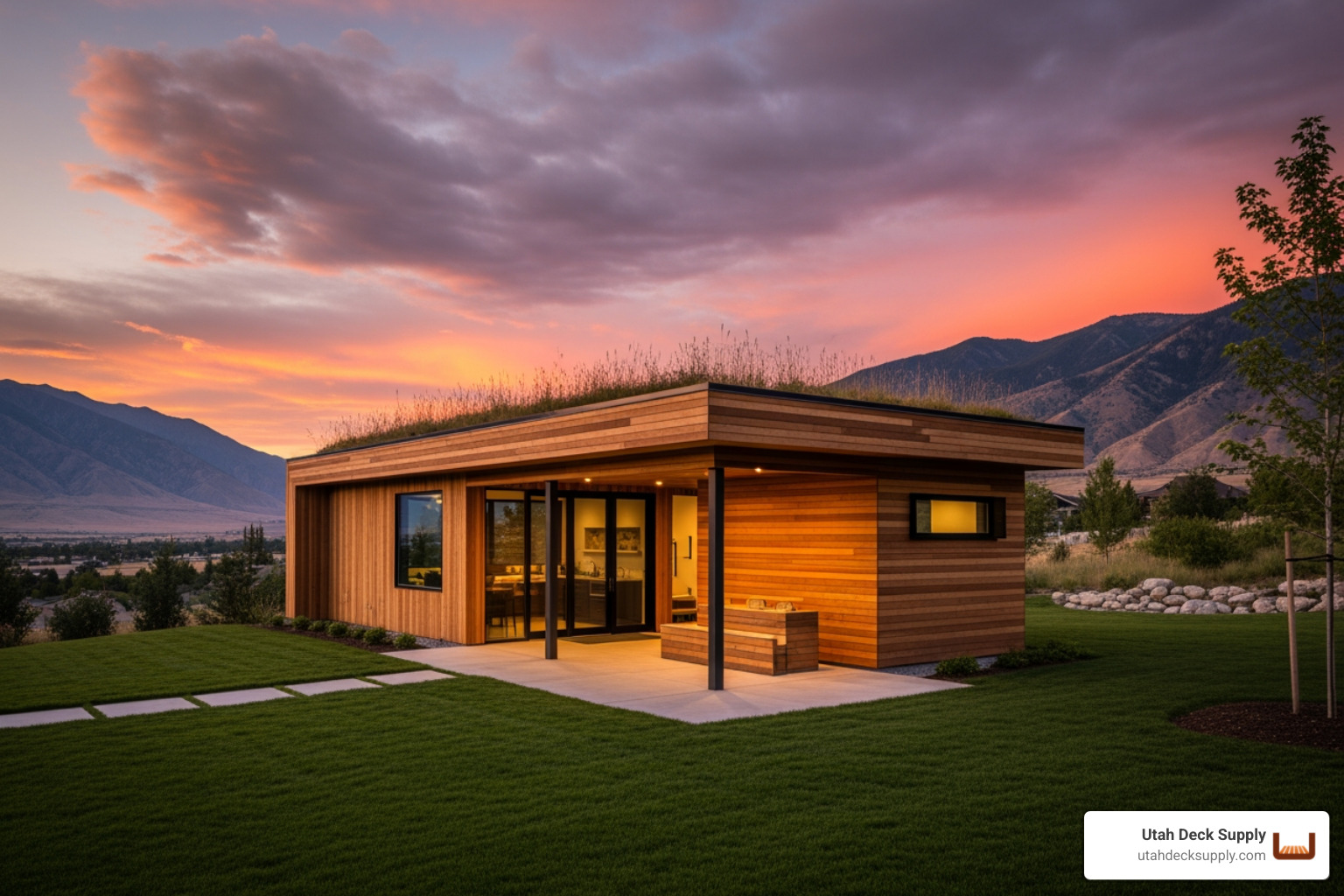 A sleek modern wood pavilion with a green roof and clean timber lines at sunset in a Northern Utah backyard - Modern wood pavilion A sleek modern wood pavilion with a green roof and clean timber lines at sunset in a Northern Utah backyard - Modern wood pavilion