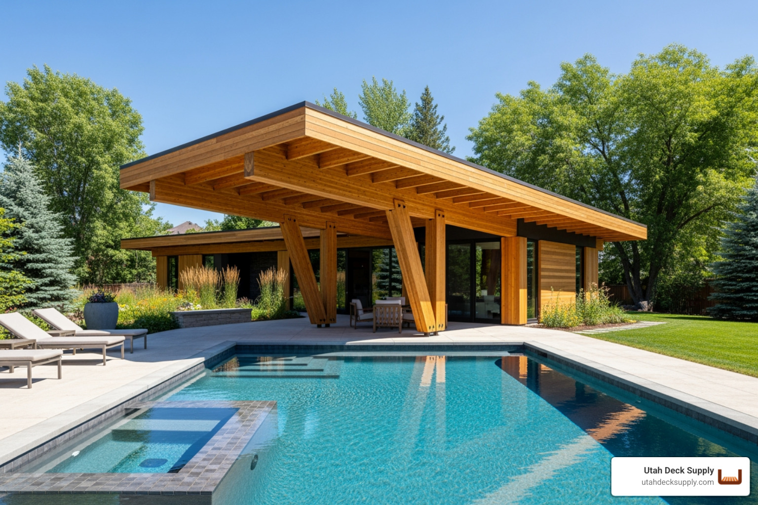 A cantilevered modern wood pavilion extending over a luxury swimming pool during a clear afternoon in Northern Utah - Modern wood pavilion A cantilevered modern wood pavilion extending over a luxury swimming pool during a clear afternoon in Northern Utah - Modern wood pavilion