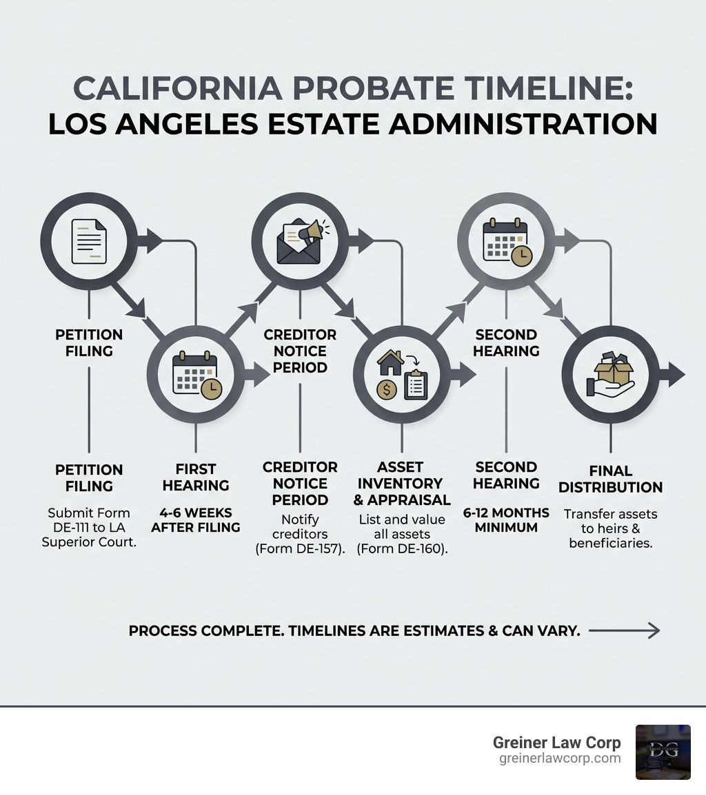 Infographic showing the California probate timeline: petition filing, 4-6 week first hearing, creditor notice period, asset inventory and appraisal, 6-12 month second hearing, and final distribution - Los Angeles estate administration infographic 