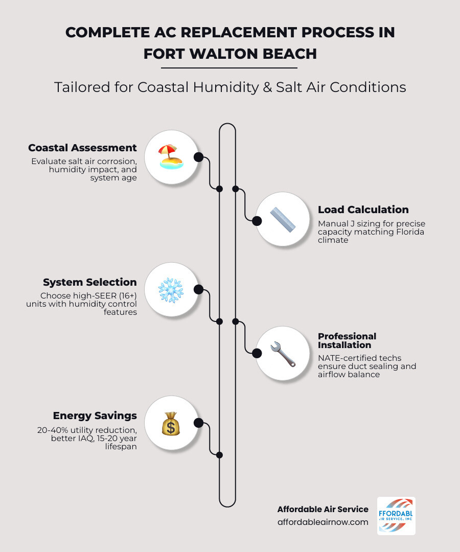 infographic showing the complete AC replacement process in Fort Walton Beach, including assessment of coastal conditions, proper system sizing for humidity control, installation timeline, SEER rating benefits, and long-term energy savings specific to Florida's climate - ac replacement in ft walton beach fl infographic infographic-line-5-steps-elegant_beige infographic showing the complete AC replacement process in Fort Walton Beach, including assessment of coastal conditions, proper system sizing for humidity control, installation timeline, SEER rating benefits, and long-term energy savings specific to Florida's climate - ac replacement in ft walton beach fl infographic infographic-line-5-steps-elegant_beige