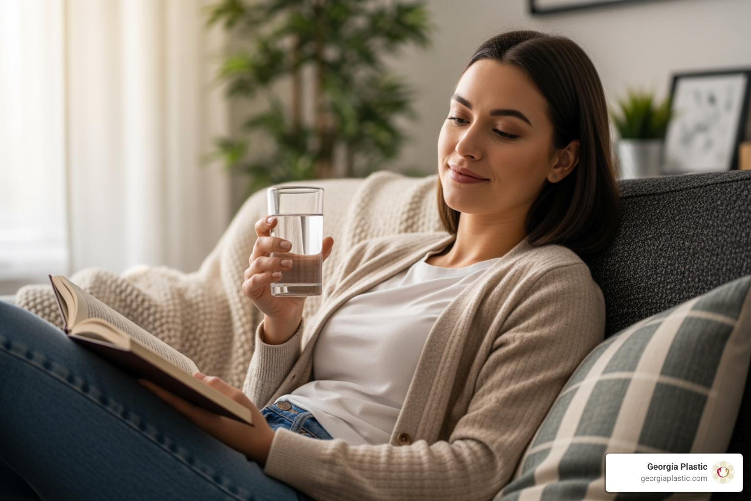 A patient resting comfortably at home with a glass of water and a book, illustrating the recommended period of rest and relaxation following a hymenoplasty procedure - hymenoplasty A patient resting comfortably at home with a glass of water and a book, illustrating the recommended period of rest and relaxation following a hymenoplasty procedure - hymenoplasty