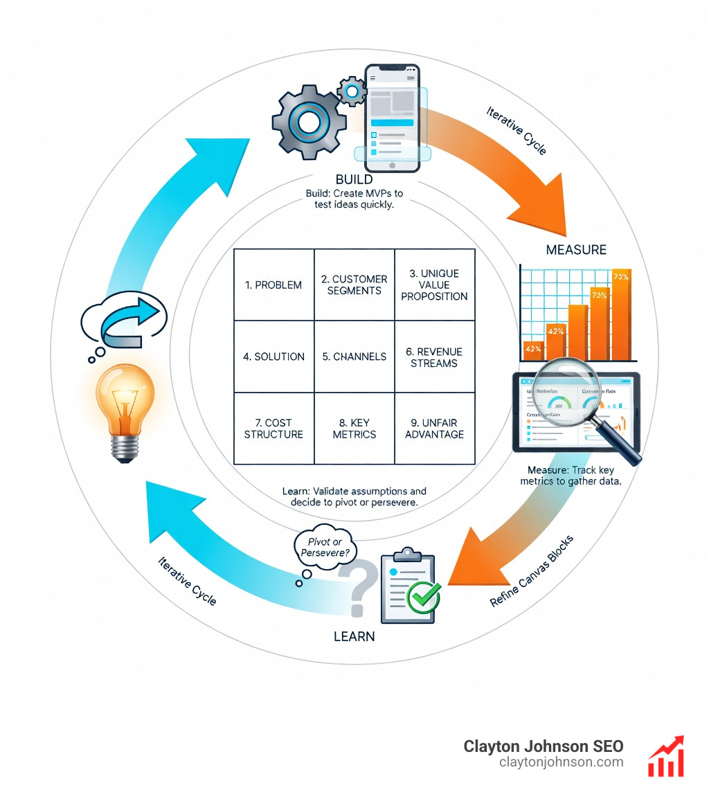 Infographic showing the Build-Measure-Learn feedback loop with Lean Canvas at the center: Ideas flow into Build (creating MVPs), then Measure (tracking key metrics), then Learn (validating or pivoting assumptions), cycling back to refine the canvas blocks iteratively - Lean startup model canvas infographic 