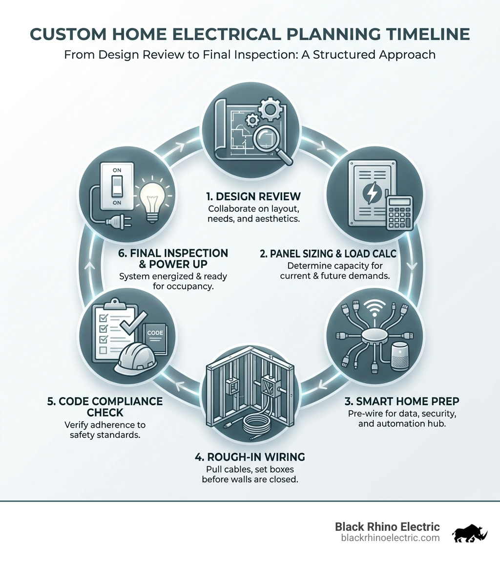 infographic showing custom home electrical planning timeline from design review to final inspection, including steps for panel sizing, smart home prep, rough-in wiring, and code compliance - Custom home electrical wiring infographic 