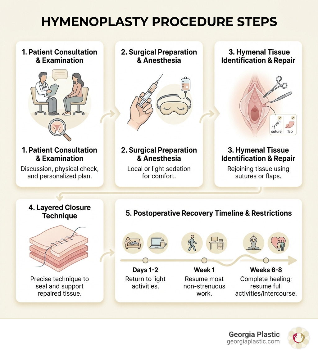 Detailed infographic showing the hymenoplasty procedure steps: patient consultation and examination, surgical preparation with anesthesia administration, hymenal tissue identification and repair using sutures or flaps, layered closure technique, and postoperative recovery timeline with activity restrictions - hymenoplasty infographic Detailed infographic showing the hymenoplasty procedure steps: patient consultation and examination, surgical preparation with anesthesia administration, hymenal tissue identification and repair using sutures or flaps, layered closure technique, and postoperative recovery timeline with activity restrictions - hymenoplasty infographic