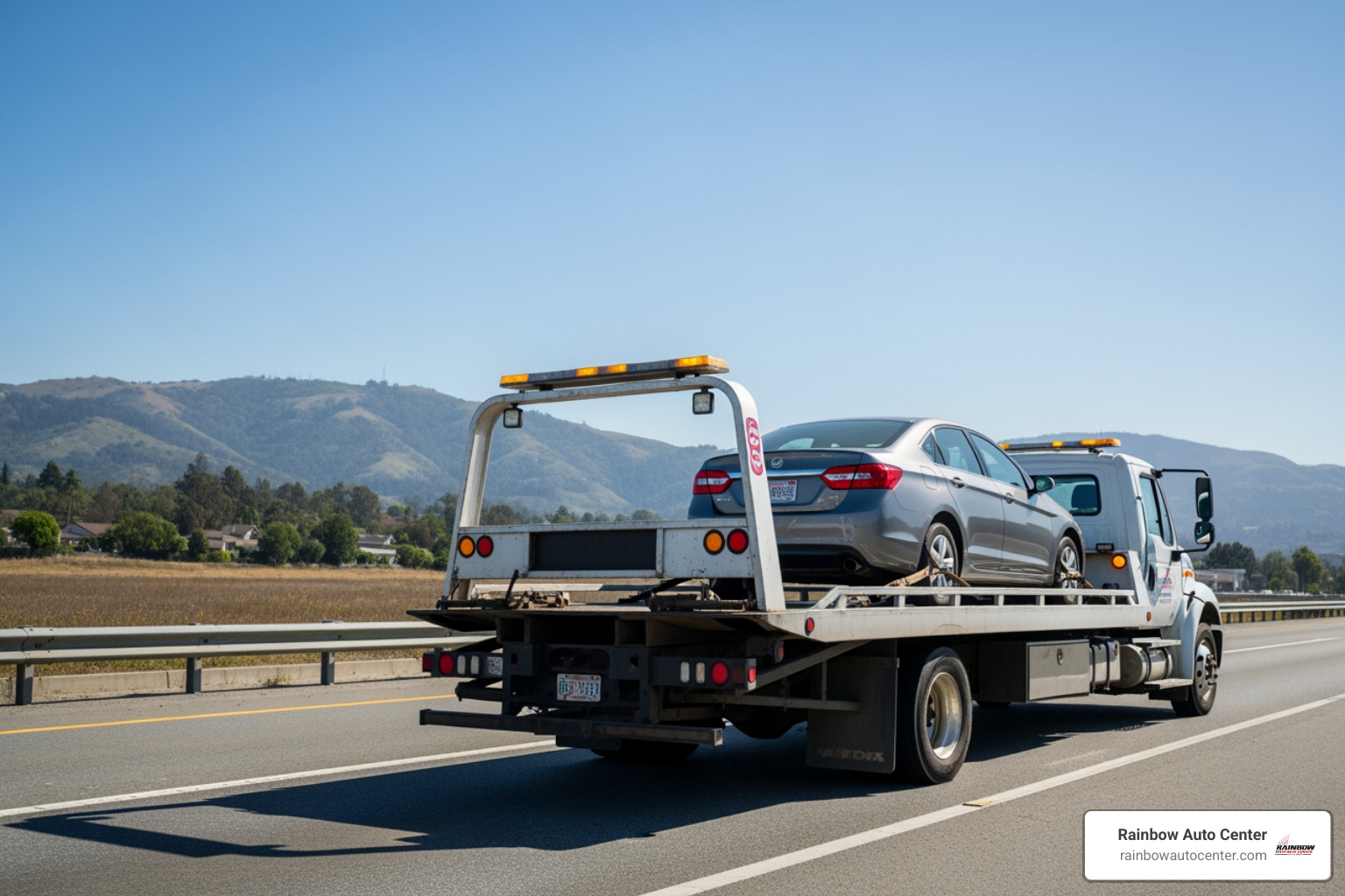 Flatbed tow truck transporting a vehicle safely in Hayward - Hayward towing service
