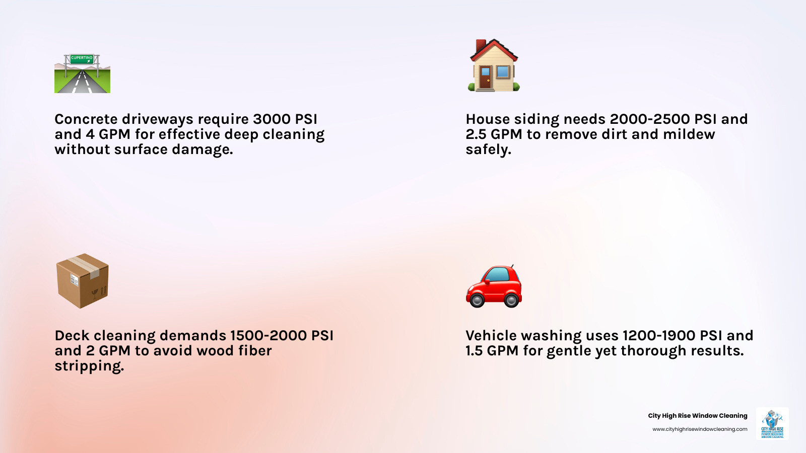 infographic comparing PSI and GPM ratings with recommended ranges for different handyman cleaning tasks including concrete driveways at 3000 PSI and 4 GPM, house siding at 2000-2500 PSI and 2.5 GPM, deck cleaning at 1500-2000 PSI and 2 GPM, and vehicle washing at 1200-1900 PSI and 1.5 GPM, with visual indicators showing pump type recommendations and safety warnings - handyman pressure washer infographic 4_facts_emoji_light-gradient infographic comparing PSI and GPM ratings with recommended ranges for different handyman cleaning tasks including concrete driveways at 3000 PSI and 4 GPM, house siding at 2000-2500 PSI and 2.5 GPM, deck cleaning at 1500-2000 PSI and 2 GPM, and vehicle washing at 1200-1900 PSI and 1.5 GPM, with visual indicators showing pump type recommendations and safety warnings - handyman pressure washer infographic 4_facts_emoji_light-gradient
