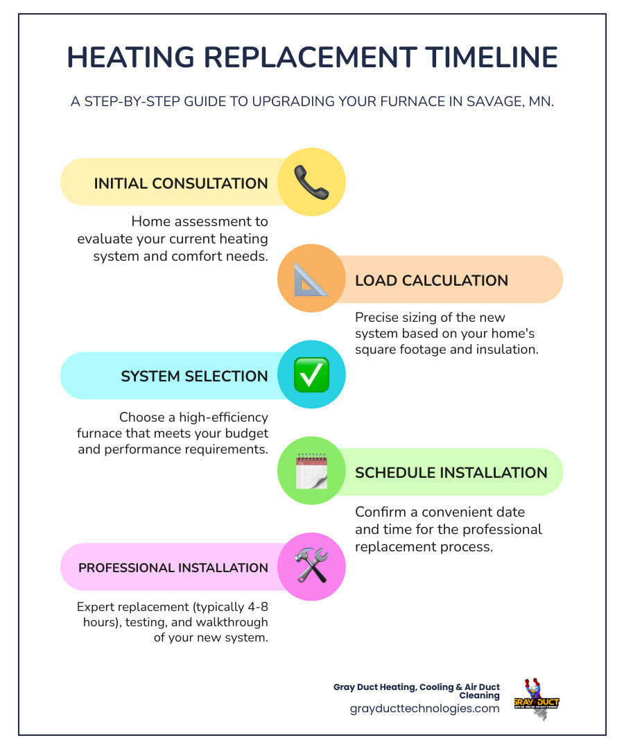 Infographic showing the heating replacement timeline: initial consultation and home assessment, load calculation and system sizing, equipment selection and financing options, installation scheduling, professional installation in 4-8 hours, post-installation testing and walkthrough, annual maintenance schedule - heating replacement in savage mn infographic infographic-line-5-steps-colors Infographic showing the heating replacement timeline: initial consultation and home assessment, load calculation and system sizing, equipment selection and financing options, installation scheduling, professional installation in 4-8 hours, post-installation testing and walkthrough, annual maintenance schedule - heating replacement in savage mn infographic infographic-line-5-steps-colors